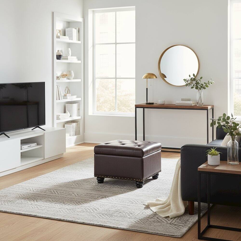 Alt View 1. FurniFact - Storage Ottoman Footrest Chair in Brown Faux Leather - Espresso Faux Leather.