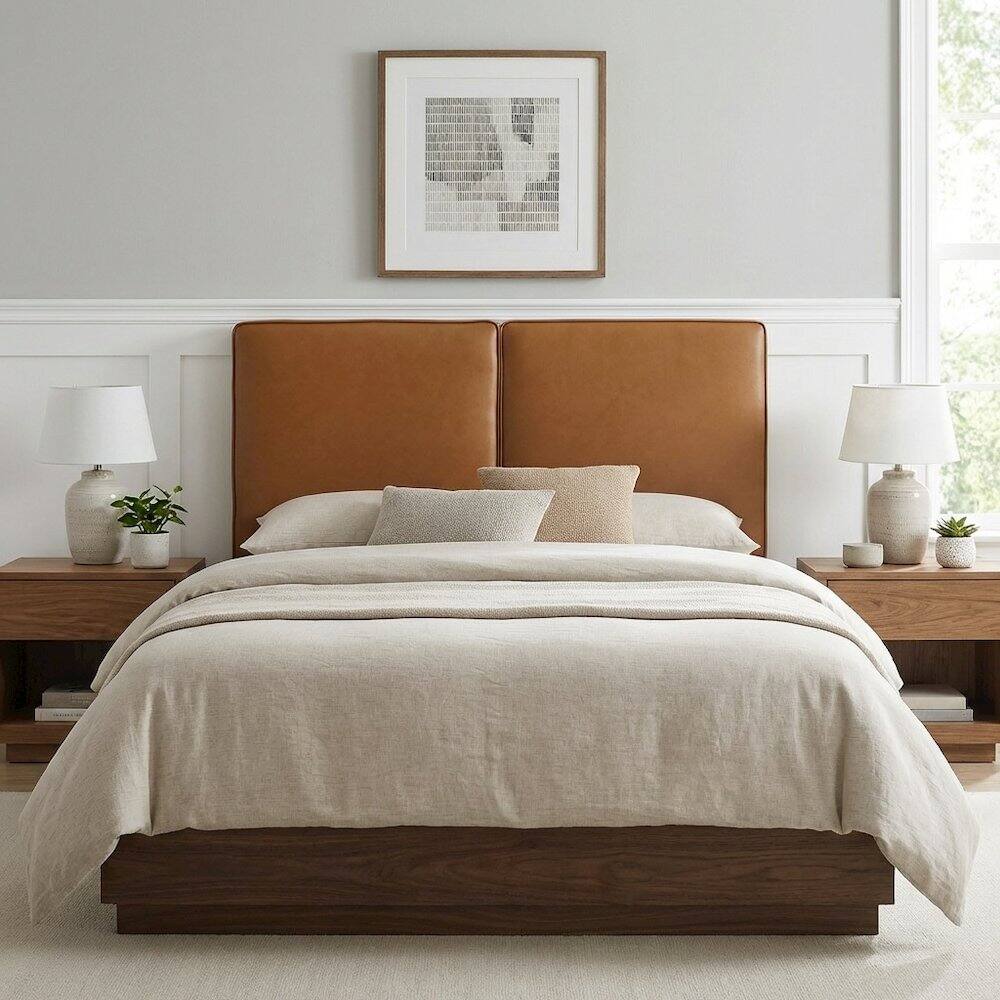 Left. FurniFact - Vegan Leather Twin Headboard with Padded Design and Durable Frame - Beige.