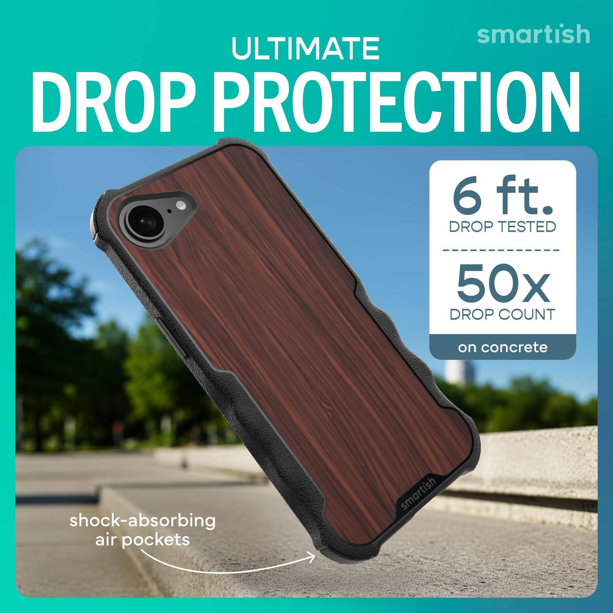 smartish ULTIMATE DROP PROTECTION  
6 ft. DROP TESTED  
50x DROP COUNT  
on concrete  
shock-absorbing air pockets  
smartish