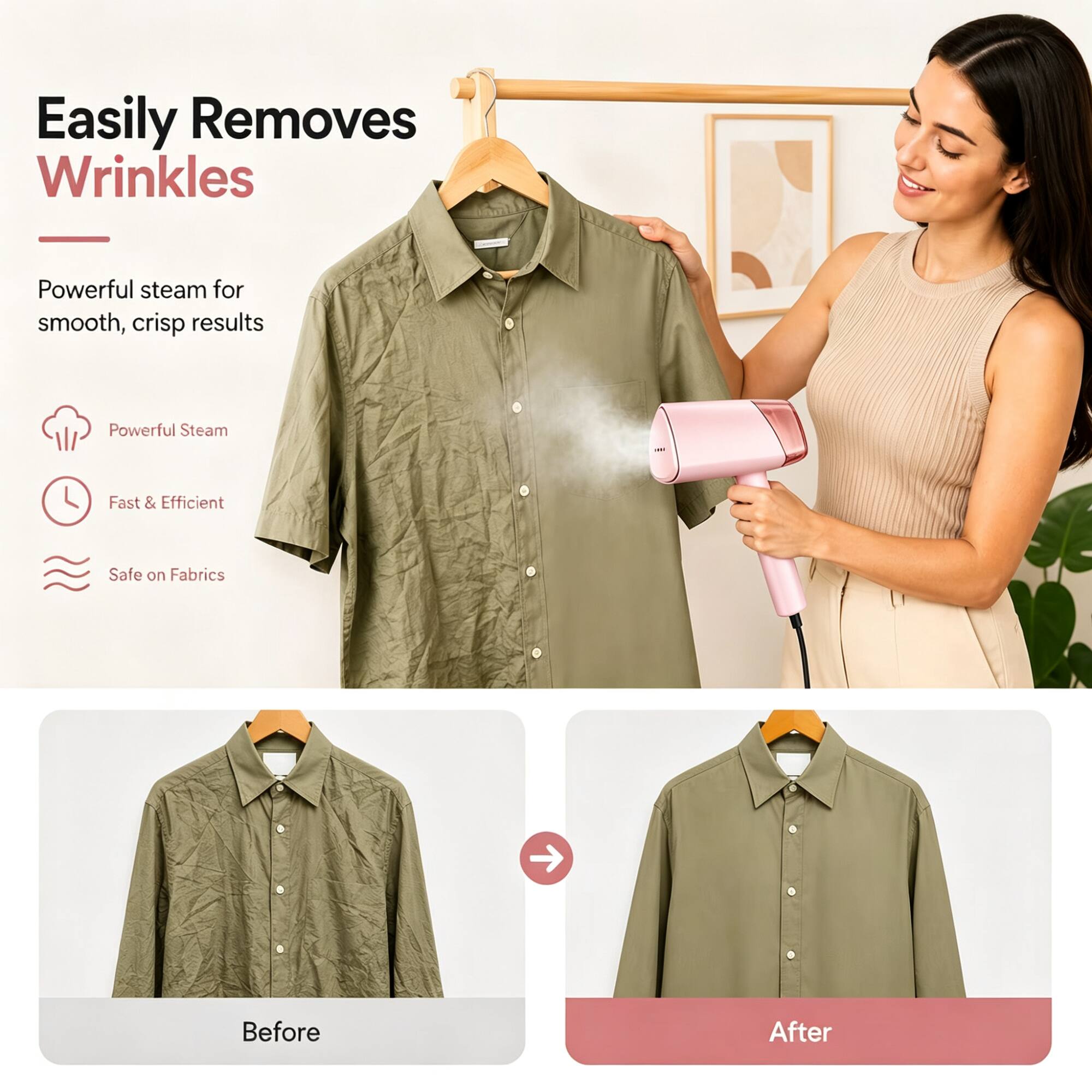 Easily Removes Wrinkles

Powerful steam for smooth, crisp results

- Powerful Steam
- Fast & Efficient
- Safe on Fabrics

Before

After