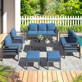 Mondawe - 7-Piece Patio Seating Set with Black Frame and Removable Cushions - Blue+Black