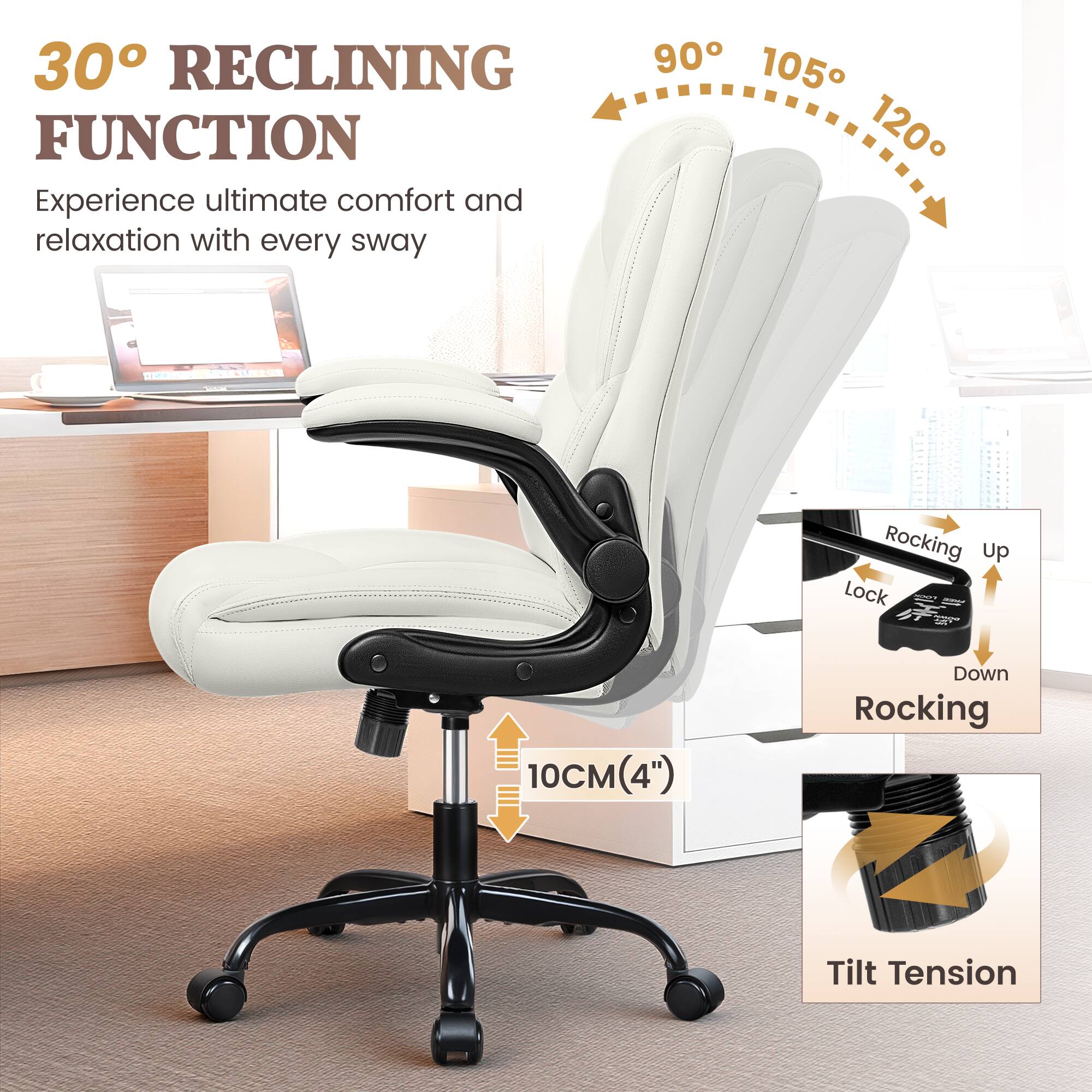 30° RECLINING FUNCTION  
Experience ultimate comfort and relaxation with every sway  

90° 105° 120° Rocking Up Lock  
10CM (4") Down Rocking Tilt Tension