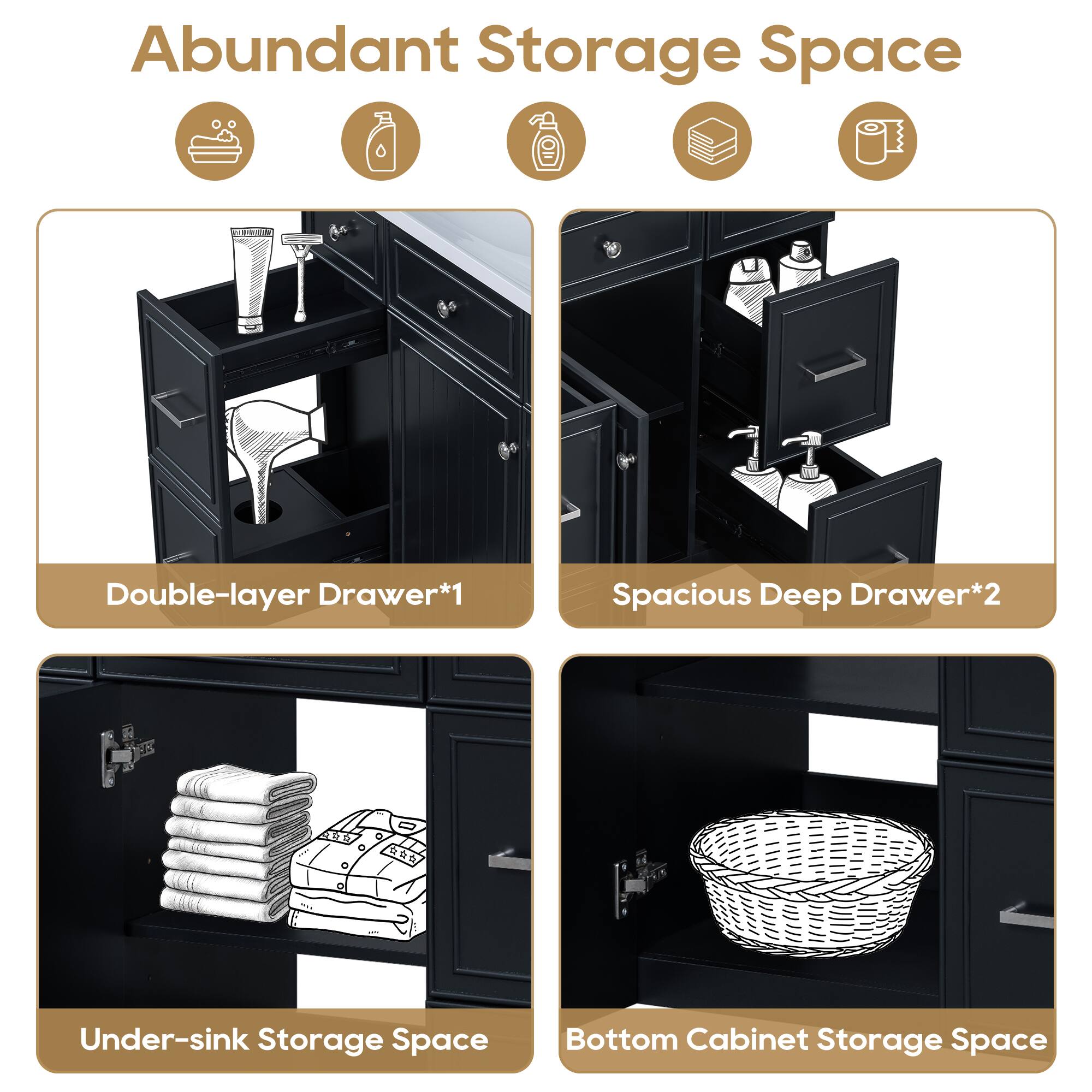 Abundant Storage Space
Double-layer Drawer*1
Spacious Deep Drawer*2
Under-sink Storage Space
Bottom Cabinet Storage Space