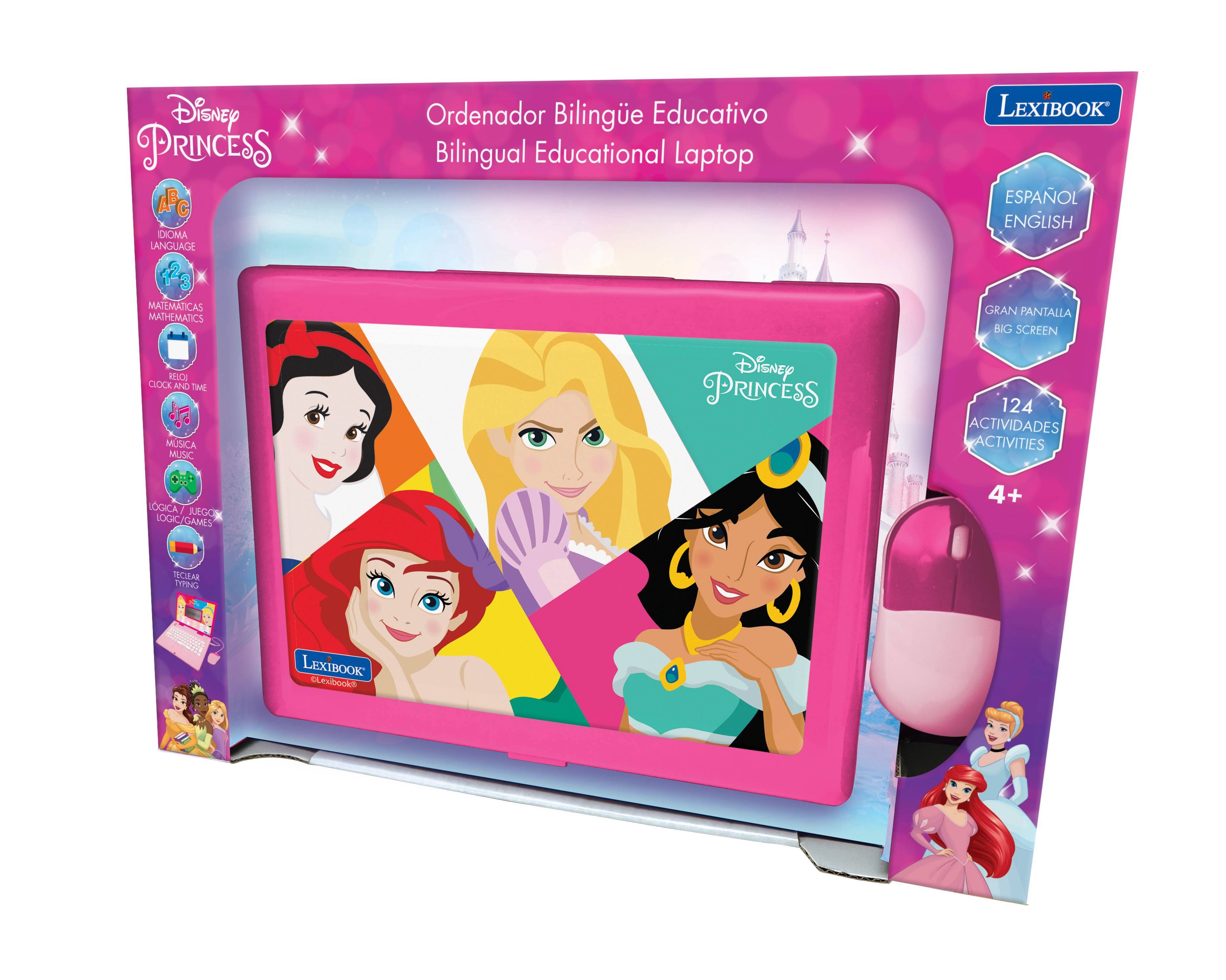 Disney PRINCESS AC CIOMA LANGUAGE Ordenador Bilingüe Educativo Bilingual Educational Laptop LEXIBOOK ESPAÑOL ENGLISH 3 MATEMÁTICAS MATHEMATICS KUO CLOCK AND TIME MUSICA MUSIC Disney PRINCESS CN GRAN PANTALLA BIG SCREEN 124 ACTIVIDADES ACTIVITIES LÓGICA GAMES 4+ TECLEAR TYPING LEXIBOOK