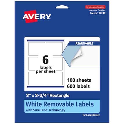 Go to avery.com/templates
AVERY
Use Avery Template Presta* 94248
REMOVABLE
6 labels per sheet
100 sheets 600 labels
3" x 3-3/4" Rectangle
White Removable Labels with Sure Feed Technology for Laser/Inkjet