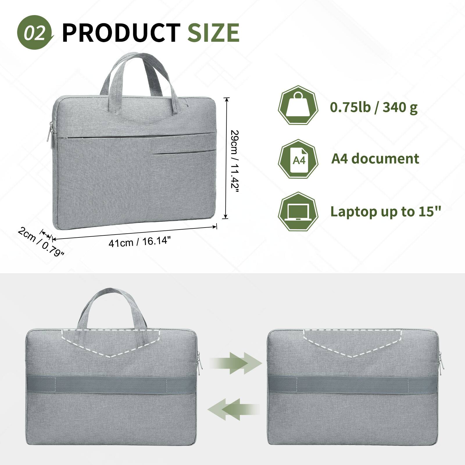 02 PRODUCT SIZE

- 2cm / 0.79"
- 41cm / 16.14"
- 29cm / 11.42"
- 0.75lb / 340g
- A4 document
- Laptop up to 15"