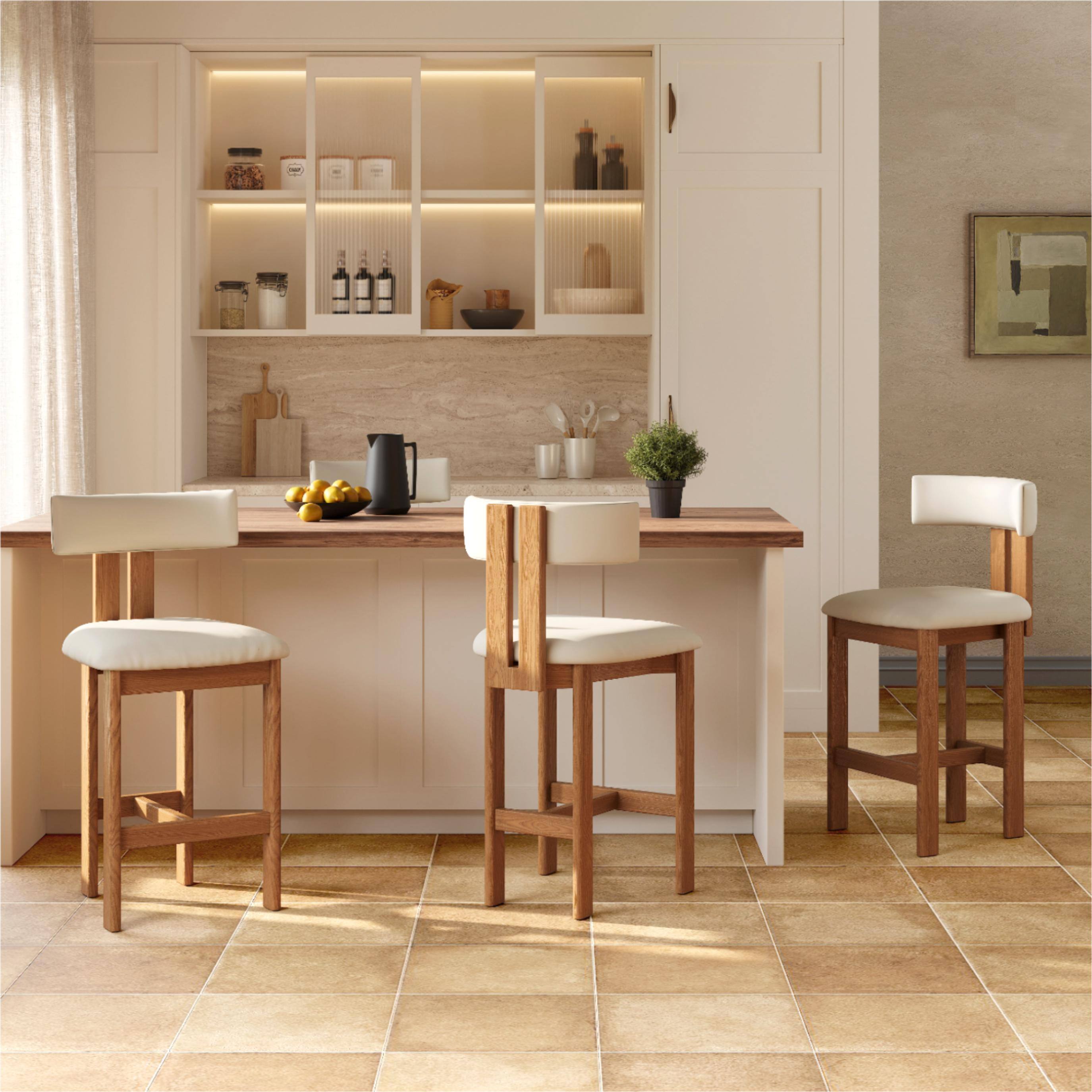 Angle. POVISON - 26" Fully Assembled Mid-Century Modern Counter Height Bar Stools Set of 2, Faux Leather Beige & Light Walnut - Beige & Black PU Leather.