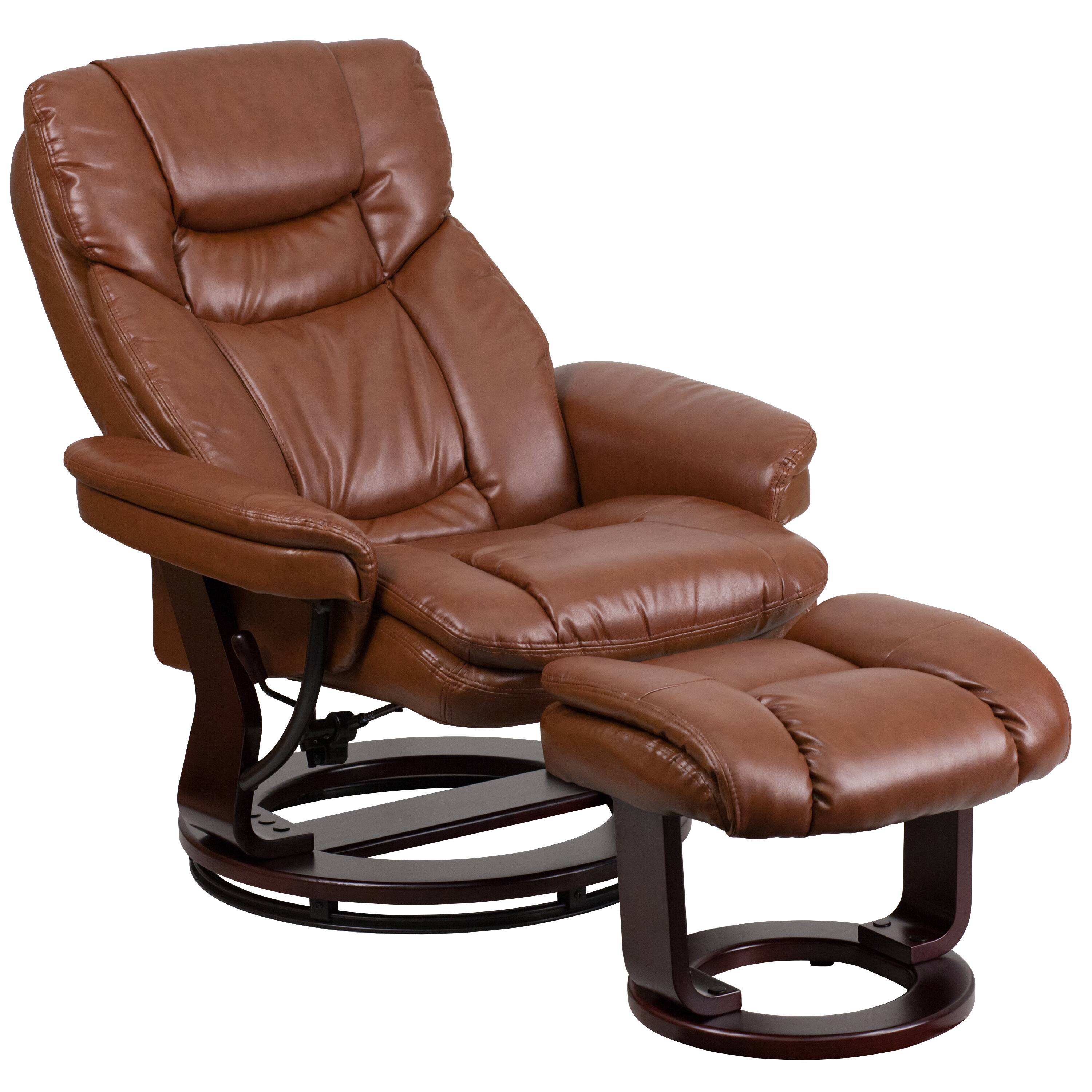 Alt View 15. Alamont Home - Allie Brown Vintage LeatherSoft Recliner and Curved Ottoman with Mahogany Wood Base - Brown Vintage.