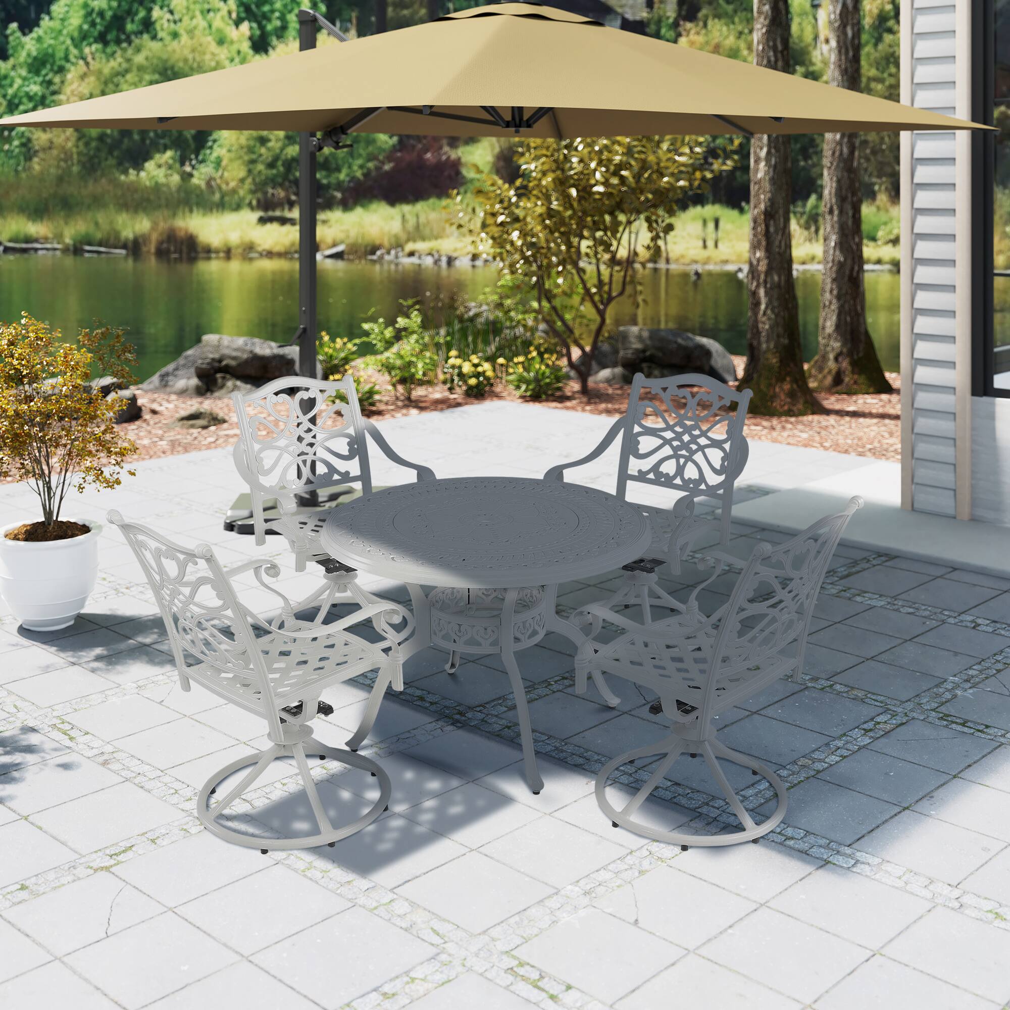 Left. Mondawe - 5-Piece Cast Aluminum Patio Dining Set with Swivel Chairs and Umbrella Hole - White.