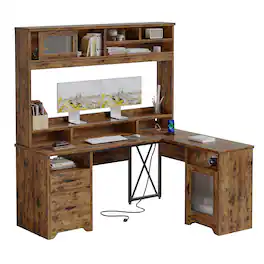 Bestier - 63-inch Hutch L Shaped Desk with Monitor Stand & Drawers, LED Computer Desk with Charging Station & Cabinet - Rustic Brown