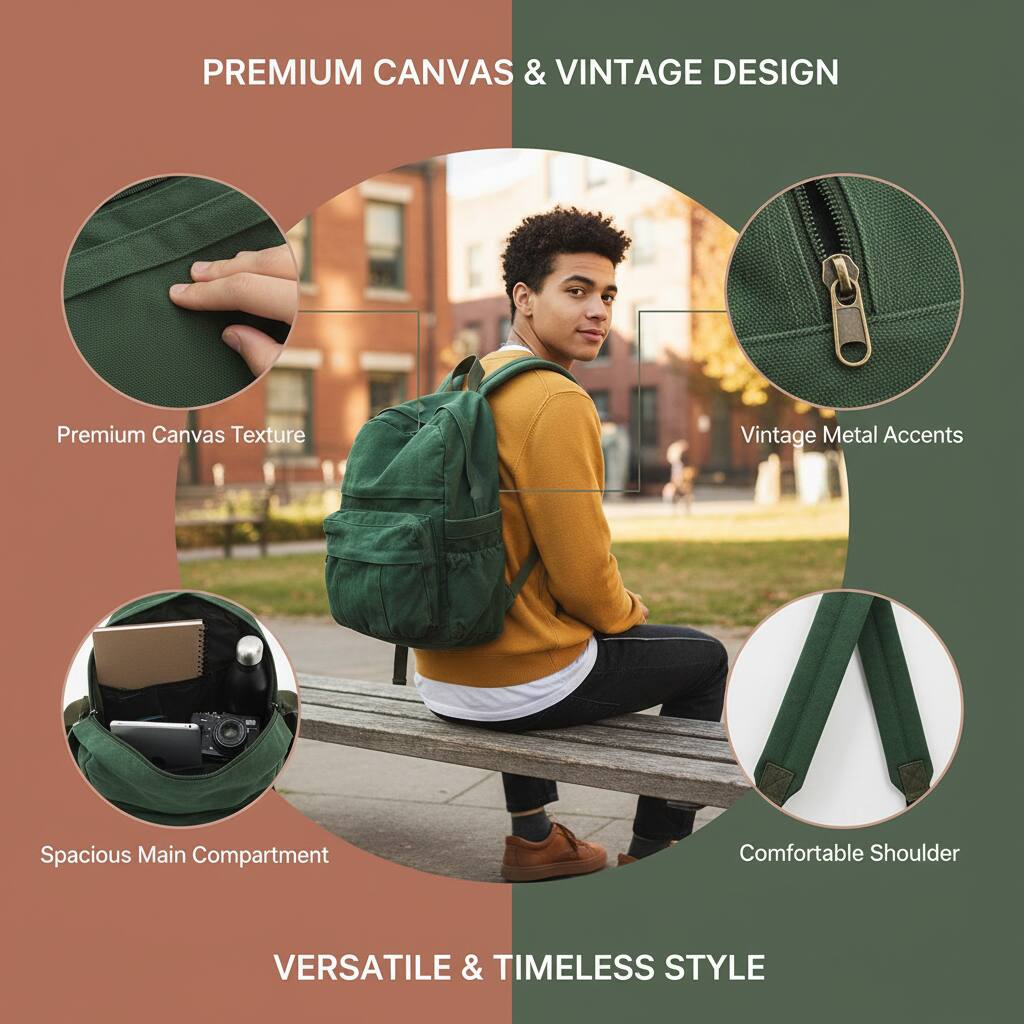 PREMIUM CANVAS & VINTAGE DESIGN

- Premium Canvas Texture
- Vintage Metal Accents
- Spacious Main Compartment
- Comfortable Shoulder

VERSATILE & TIMELESS STYLE