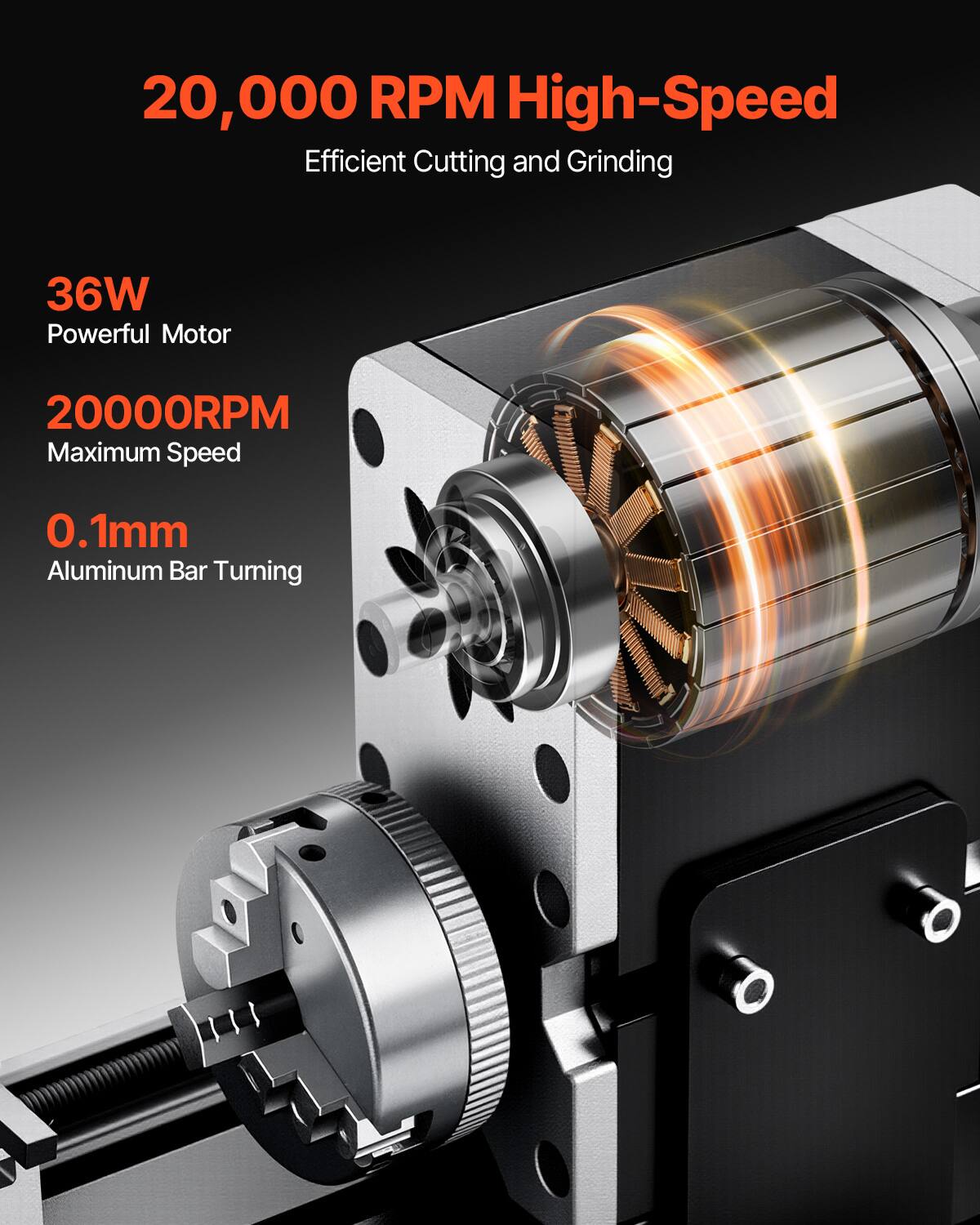 20,000 RPM High-Speed Efficient Cutting and Grinding  
36W Powerful Motor  
20000RPM Maximum Speed  
0.1mm Aluminum Bar Turning
