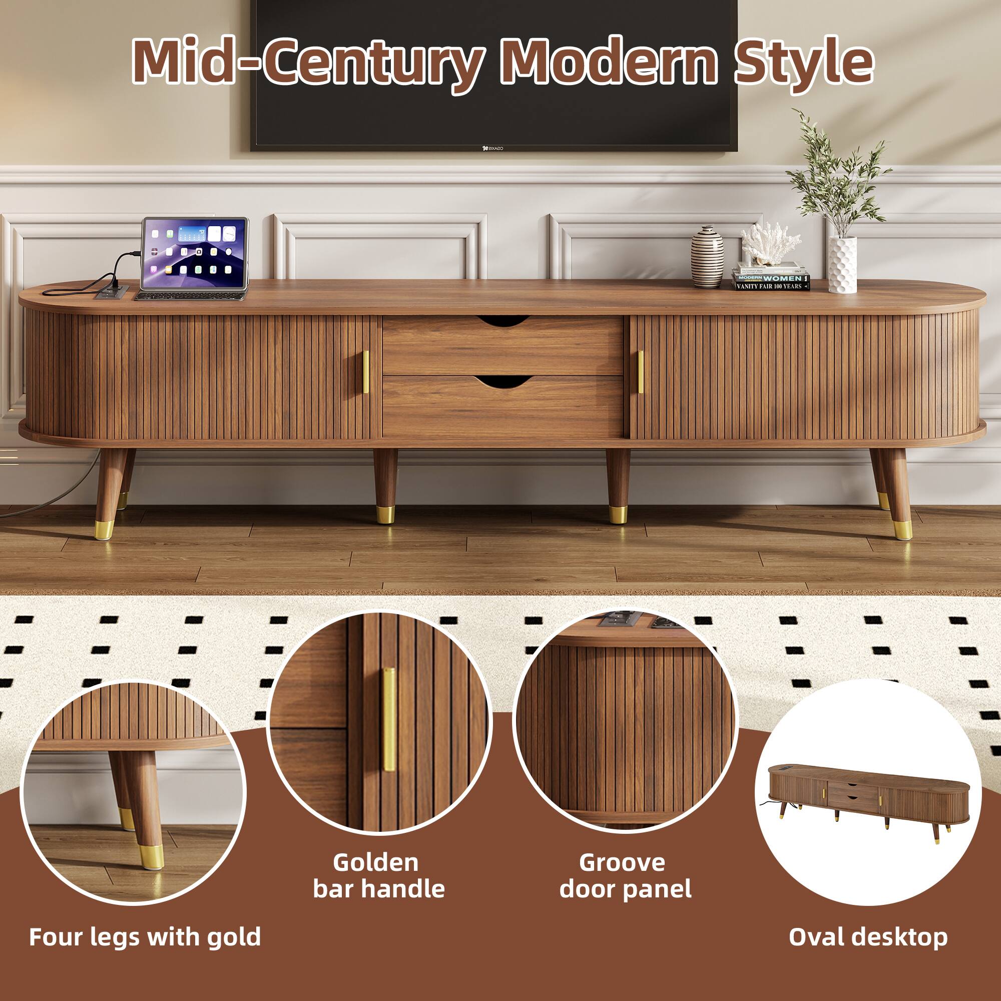 Mid-Century Modern Style

- Four legs with gold
- Golden bar handle
- Groove door panel
- Oval desktop