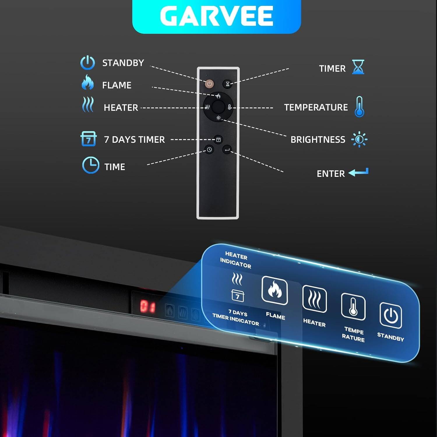 GARVEE

- STANDBY
- FLAME
- HEATER
- 7 DAYS TIMER
- TIME
- TIMER
- TEMPERATURE
- BRIGHTNESS
- ENTER

HEATER INDICATOR
7 DAYS TIMER INDICATOR
FLAME
HEATER
TEMPERATURE
STANDBY