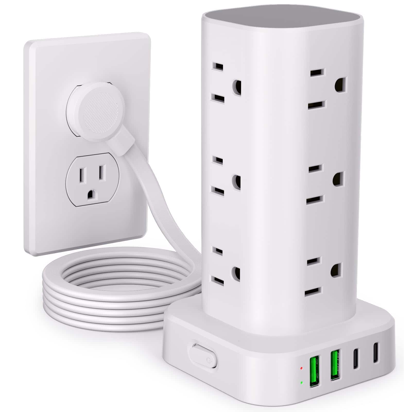 Dazzed Corner - 12 Outlets Power Strip Tower with 6FT Flat Plug Extension Cord, 16-in-1 Surge Protector Tower - White