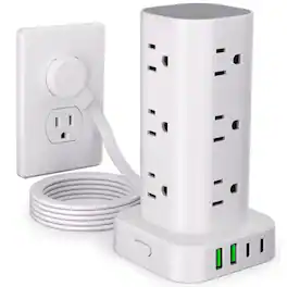 Dazzed Corner - 12 Outlets Power Strip Tower with 6FT Flat Plug Extension Cord, 16-in-1 Surge Protector Tower - White