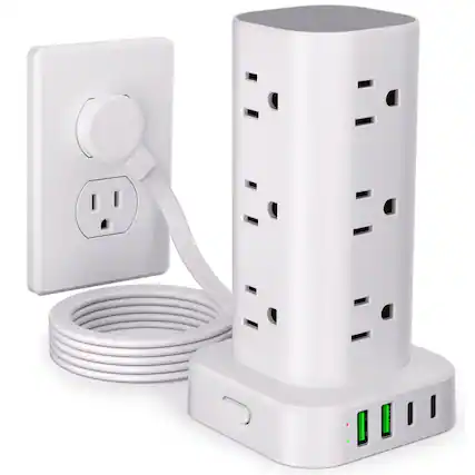 Front. Dazzed Corner - 12 Outlets Power Strip Tower with 6FT Flat Plug Extension Cord, 16-in-1 Surge Protector Tower - White.