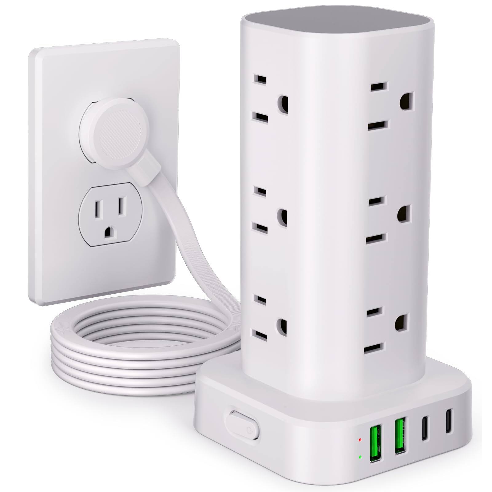 Dazzed Corner - 12 Outlets Power Strip Tower with 6FT Flat Plug Extension Cord, 16-in-1 Surge Protector Tower - White