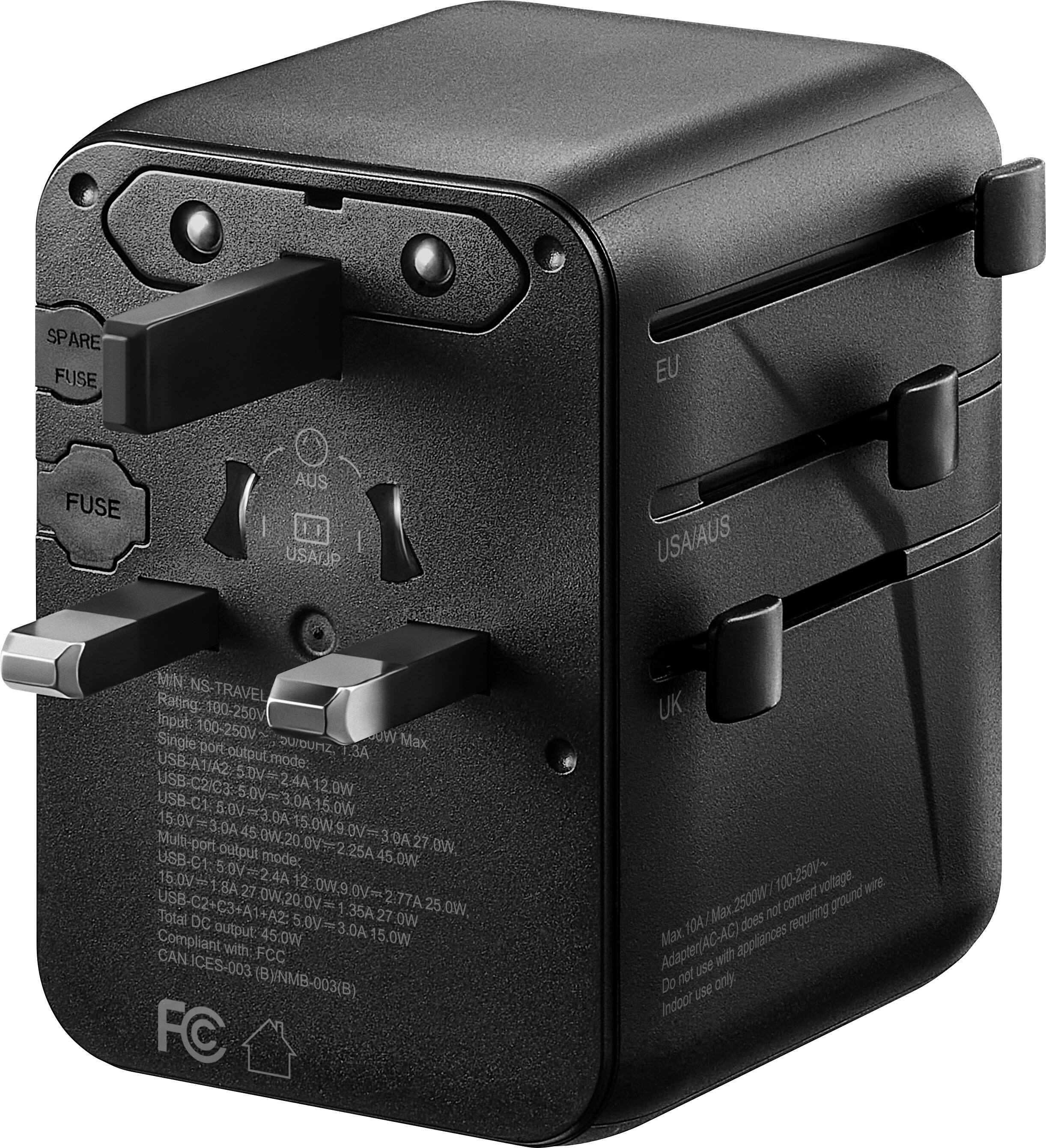 Sure, here is the corrected and grouped text from the image:

---

**SPARE FUSE**

**FUSE**

**MIN. NS TRAVEL**

**Rating: 100-250V input**

**Single port output: 100-250V**

**USB-A1A2 mode:**

- 5.0V 2.4A 12.0W
- 5.0V 3.0A 15.0W

**USB-C2/C3 mode:**

- 5.0V 3.0A 15.0W
- 9.0V 3.0A 27.0W

**USB-C1 output mode:**

- 5.0V 2.25A 11.25W
- 5.0V 24A 120W

**Multi-port output:**

- USB-C1 + C2 + C3 + A1 + A2: 2.77A 5.0W, Total DC output: 45.0W

**Compliant with:**

- FCC
- CAN ICES-003 (B)
- NMB-003 (B)

**Max: 10A, Max 2500W / 100-250V~**

**Adapter (AC-AC) does not convert voltage.**

**Do not use with appliances requiring ground wire.**

**Indoor use only.**

---

**EU**

**USA/AUS**

**UK**

---

**FC**

---