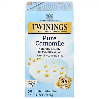 TWININGS
EST. 1706 LONDON
Pure Camomile
Naturally Delicate for Pure Relaxation
Naturally Caffeine-Free
Enjoy Hot or Iced!
25 TEABAGS
NET WT 1.32 OZ (37g)
Pure Herbal Tea
Expertise
300 Years of Experience
