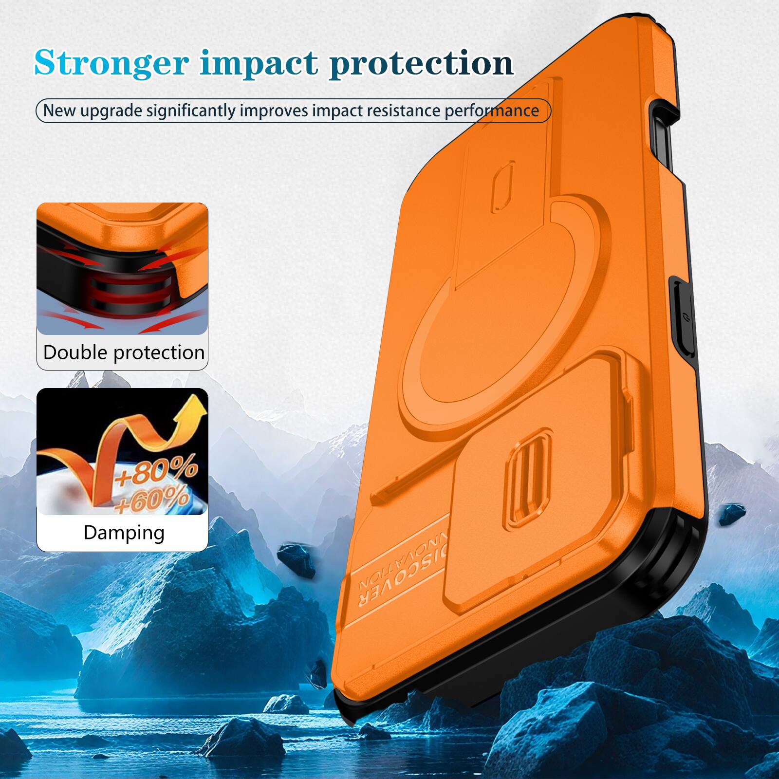 Stronger impact protection  
New upgrade significantly improves impact resistance performance  
Double protection  
+80% +60% Damping  
VAONA DISCOVER NOU