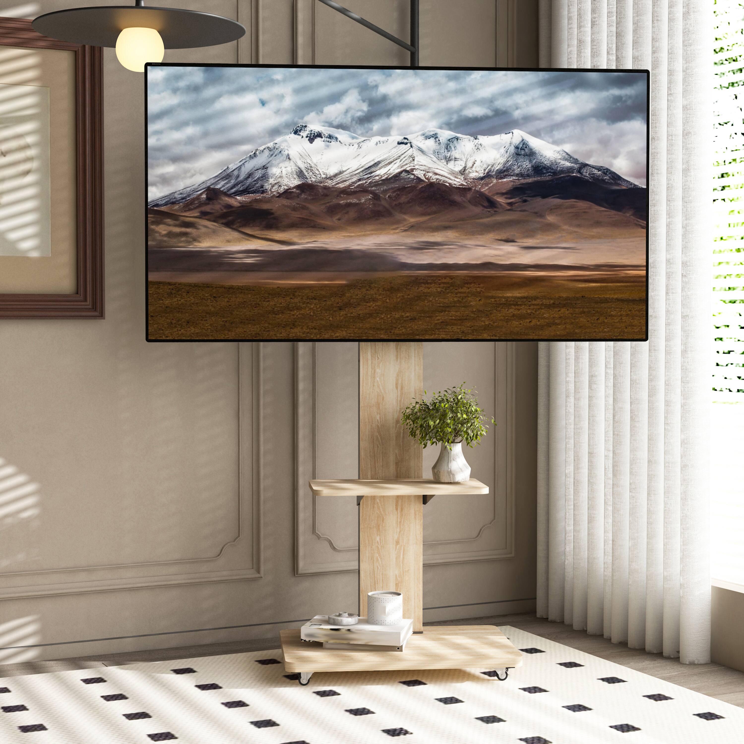 Front. Z-Edge - Rolling TV Stand with Shelf Storage for 32-75 Inch TVs, Height Adjustable Mobile TV Cart for Living Room, Offices - Natural.
