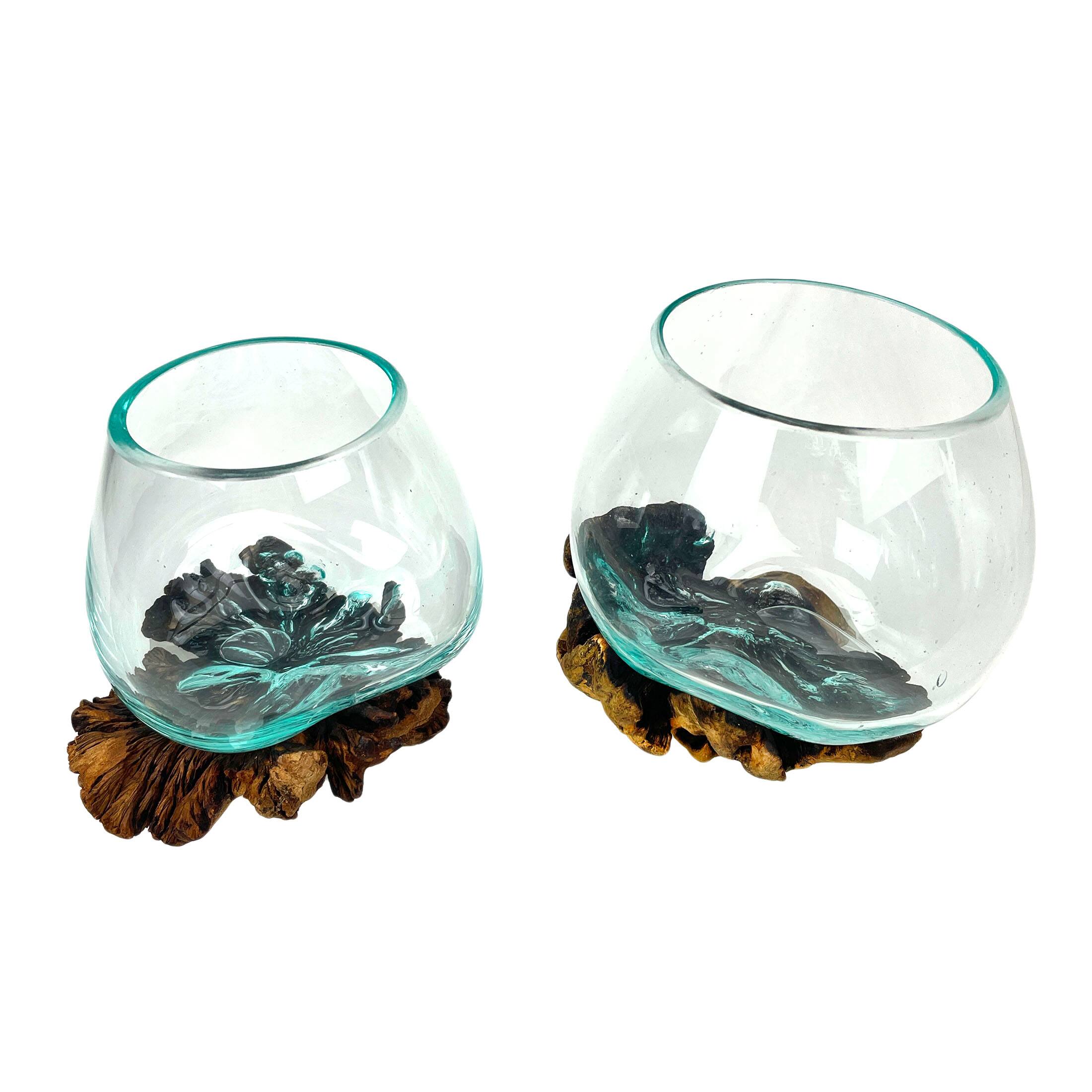 Alt View 1. Zeckos - Set of 2 Blown Molten Glass On Burl Wood Decorative Bowls Vases Terrariums - Brown.