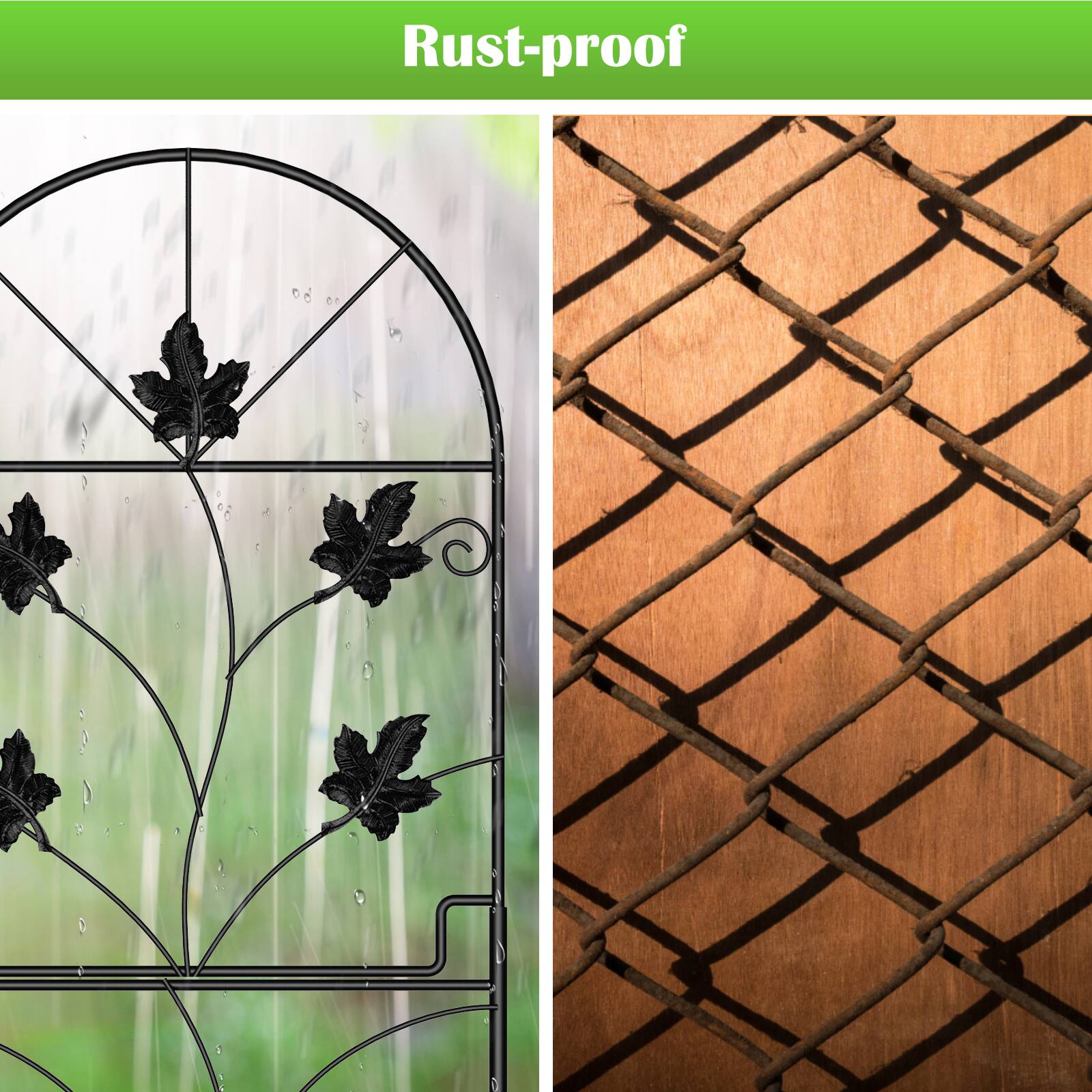 Left. Oumilen - 15-Pack Decorative Garden Fence Panels, 38in Tall Black Metal Leaf Scroll Border, 15ft Total Length Animal Barrier.