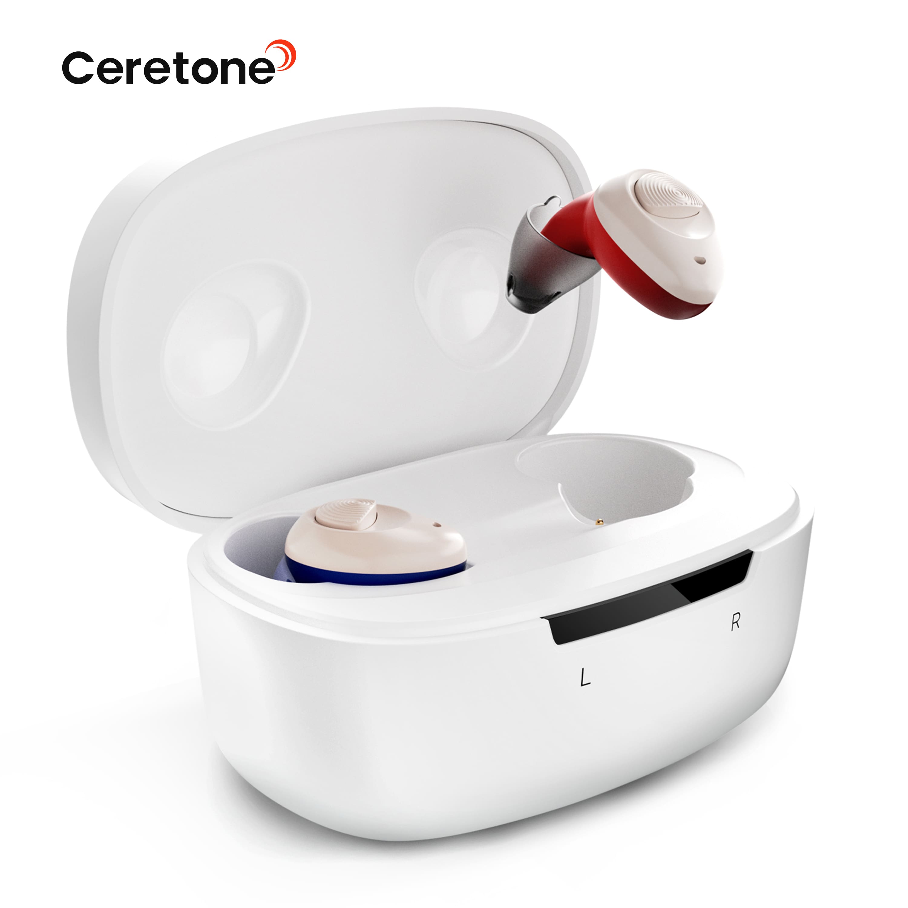 Front. Ceretone - Torch OTC Hearing Aids - Rechargeable, Wind Noise Reduction, 5 Preset Programs, Light Weight Design - The left is blue.The right is red..