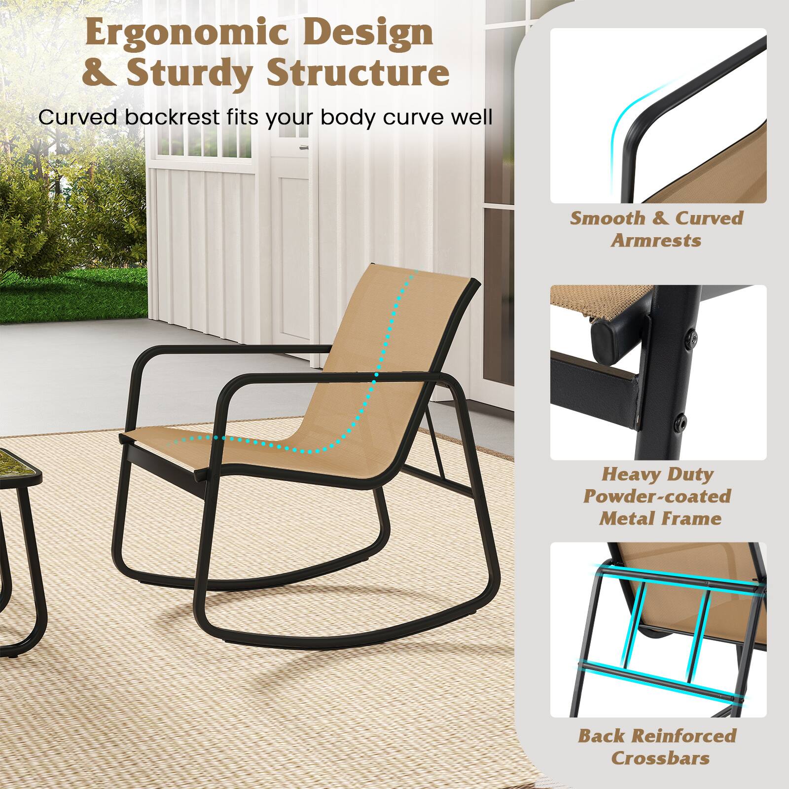 Ergonomic Design & Sturdy Structure  
Curved backrest fits your body curve well  

Smooth & Curved Armrests  

Heavy Duty Powder-coated Metal Frame  

Back Reinforced Crossbars