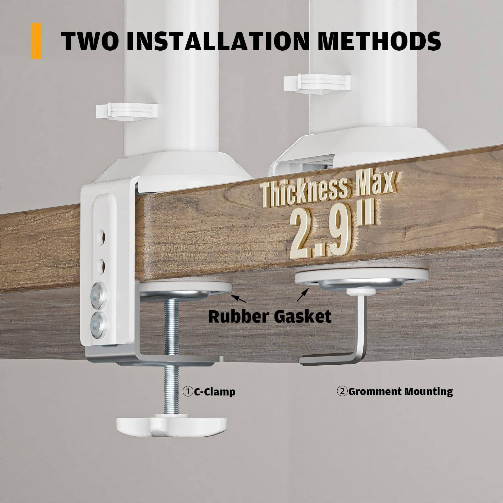 TWO INSTALLATION METHODS

Thickness Max 2.9"

Rubber Gasket

1. C-Clamp

2. Gromment Mounting