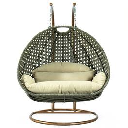 LeisureMod - 2-Person Wicker Egg Swing Chair with Stand & Washable Cushions - Indoor/Outdoor Double Hanging Patio Chair - Taupe