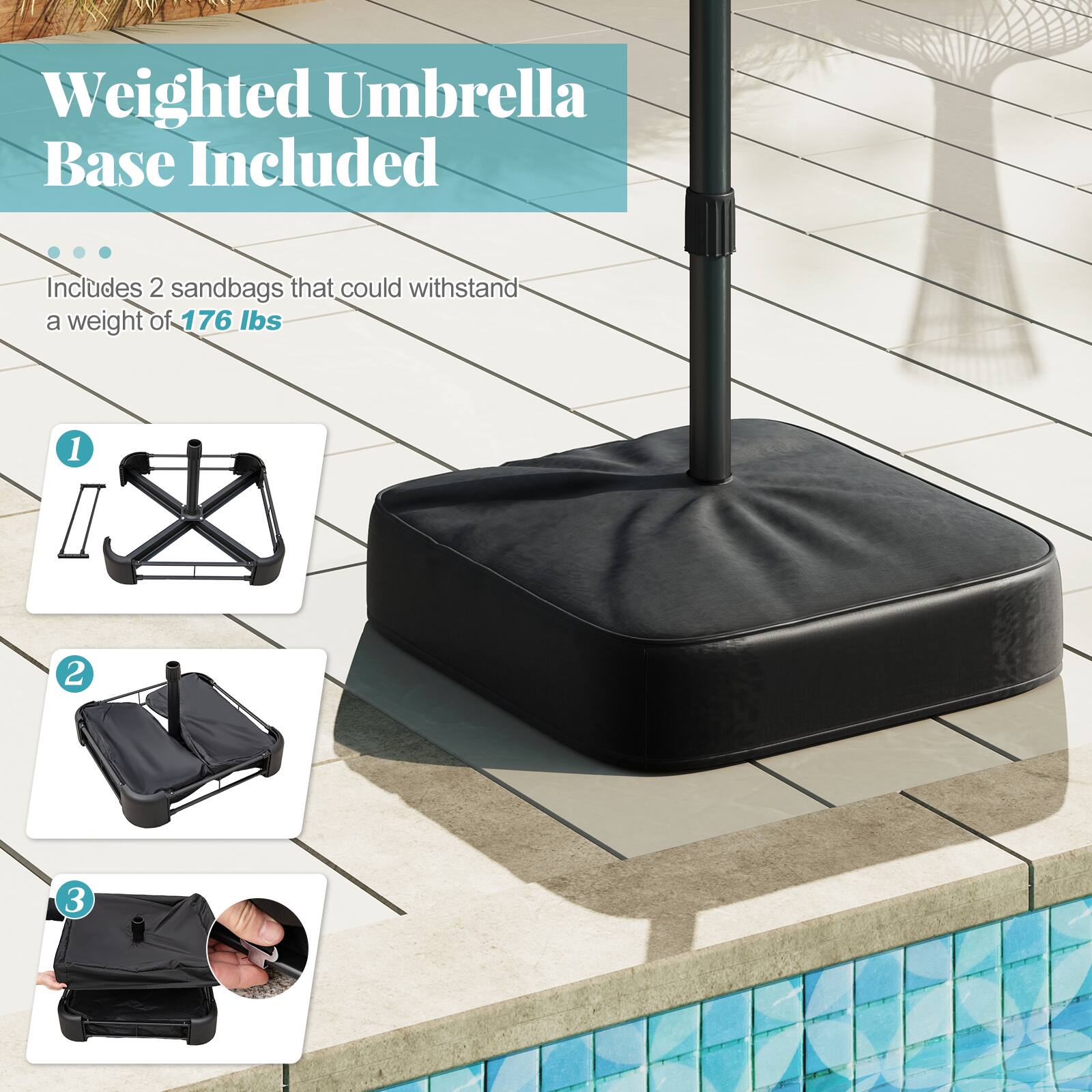 Weighted Umbrella Base Included

Includes 2 sandbags that could withstand a weight of 176 lbs