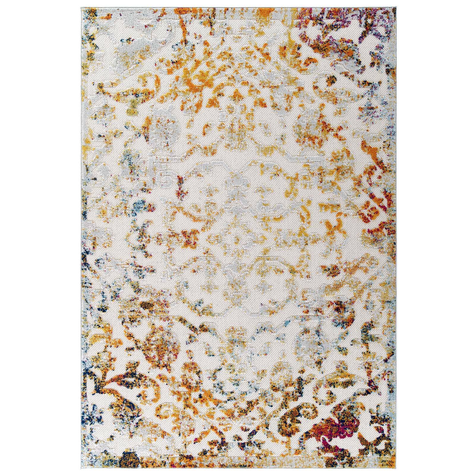 Angle. Modway - Reflect Primrose Ornate Floral Lattice Indoor/Outdoor Area Rug - Ivory Light Blue Multicolored.