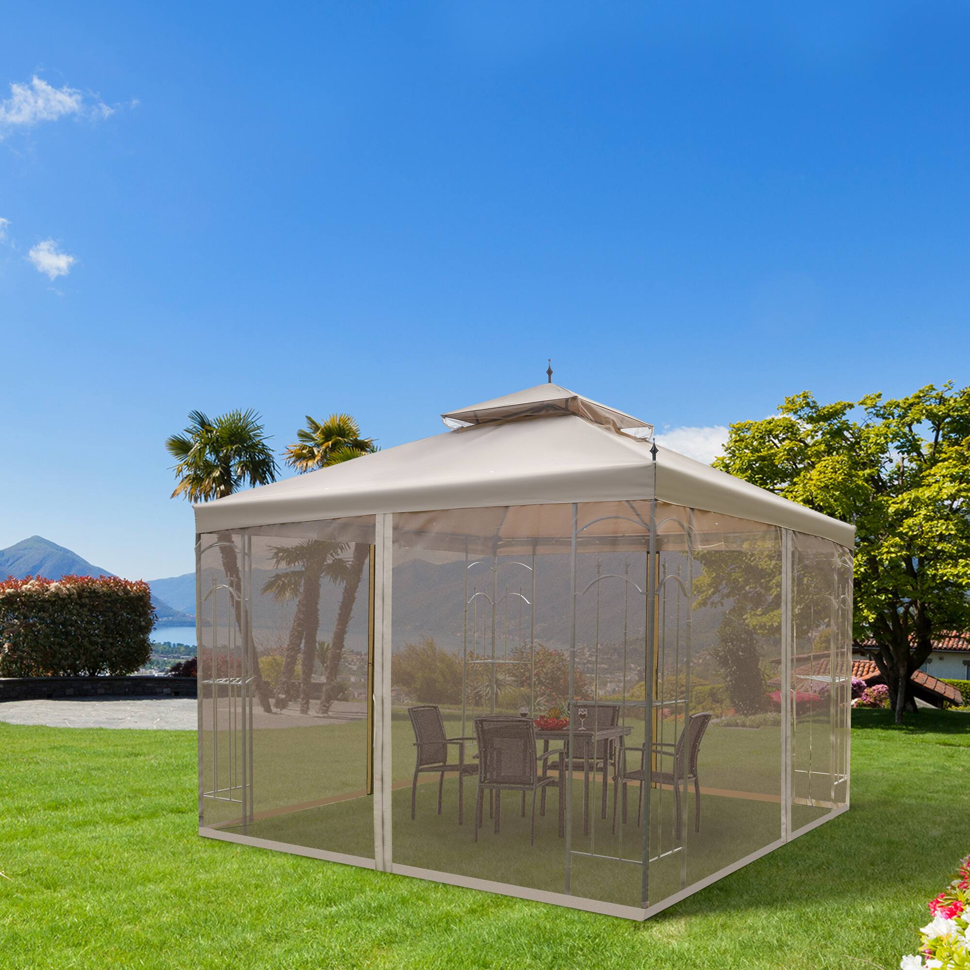 Angle. Outsunny - 10' x 10' Patio Gazebo with Corner Frame Shelves, Double Roof Outdoor Gazebo Canopy Shelter with Netting - Brown.