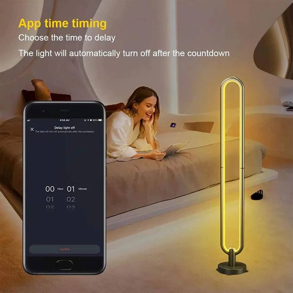 App time timing  
Choose the time to delay  
The light will automatically turn off after the countdown  

8:54 AM  
93%  

Delay light off  
The light will turn off automatically after the countdown  

00 Hour 01 Minute  
01 02 02 03  

Confirm