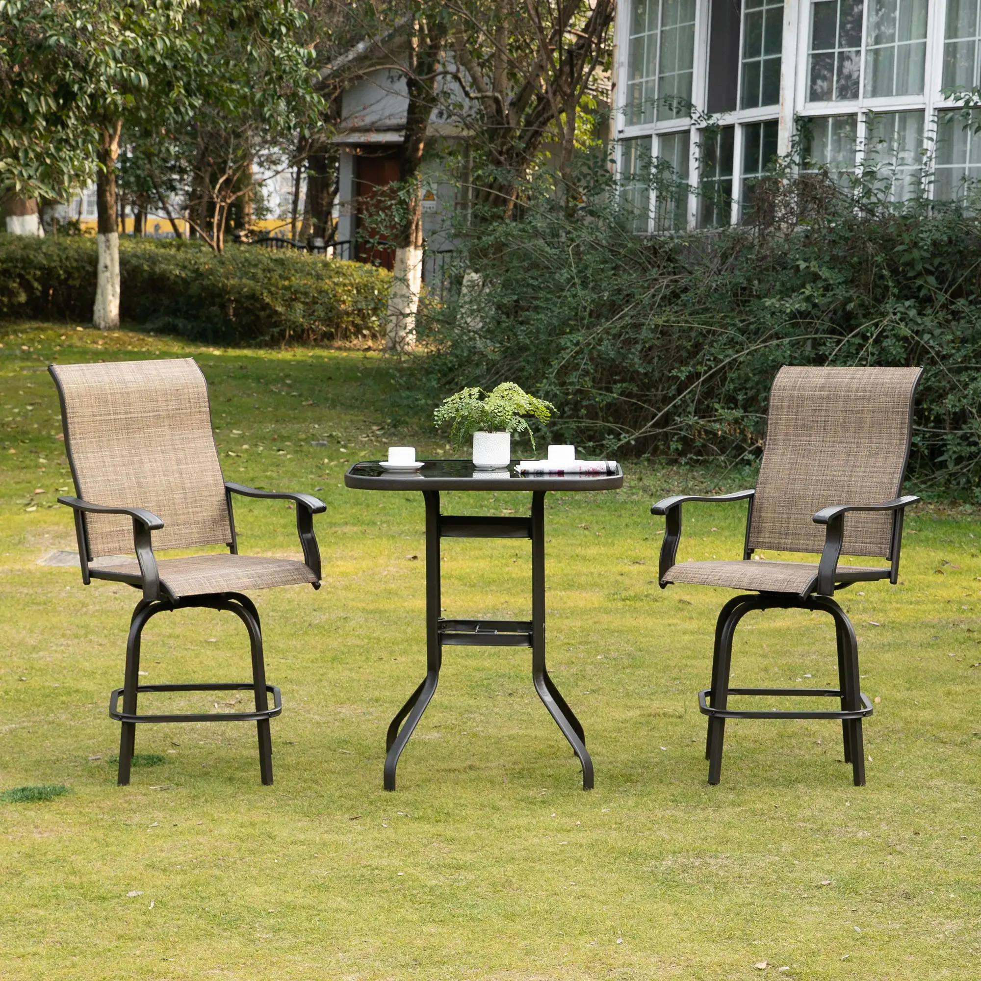 Back. Resenkos - Resenkos 2 Outdoor Swivel Bar Stools Set, Armrests, Bar Height Patio Chairs,Steel, Sling Fabric, Brown - Brown.