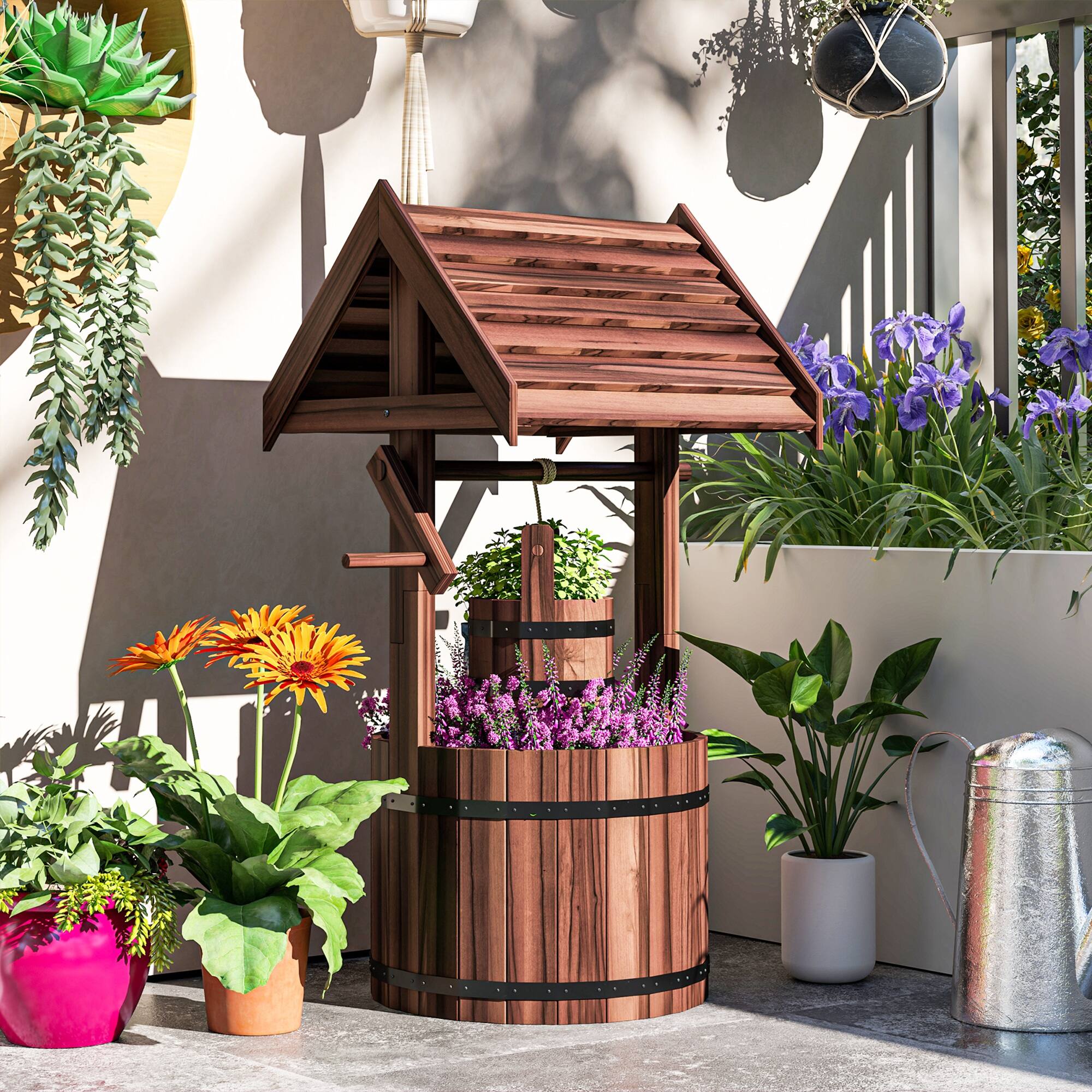 Alt View 7. Outsunny - Wishing Well for Outside with Hanging Bucket - Carbonized.