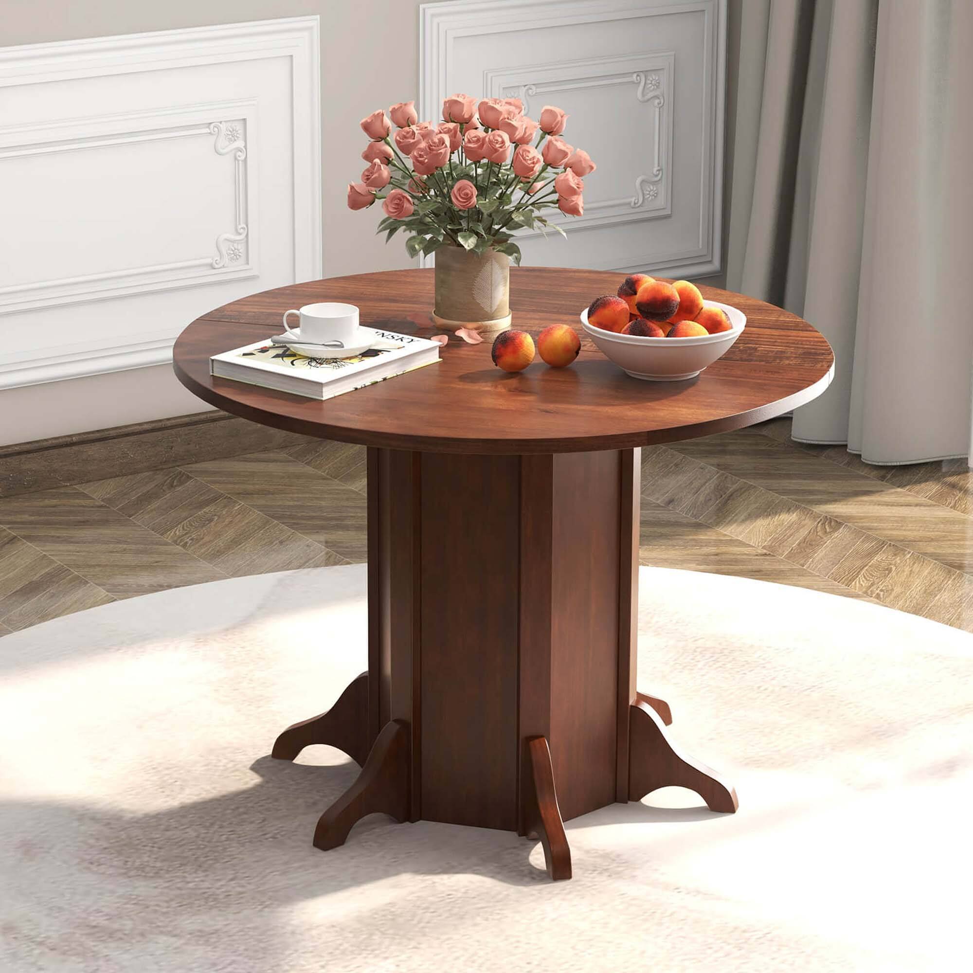 Angle. Costway - 42" Wooden Kitchen Table Round Dining Table with Pedestal Base for 4-6 People - Brown.