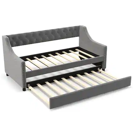 Front. Sugift - Twin Size Daybed with Trundle Sofa Bed with Curved Armrests and Backrest - Grey.