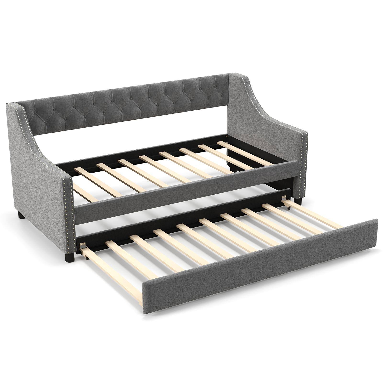 Front. Sugift - Twin Size Daybed with Trundle Sofa Bed with Curved Armrests and Backrest - Grey.