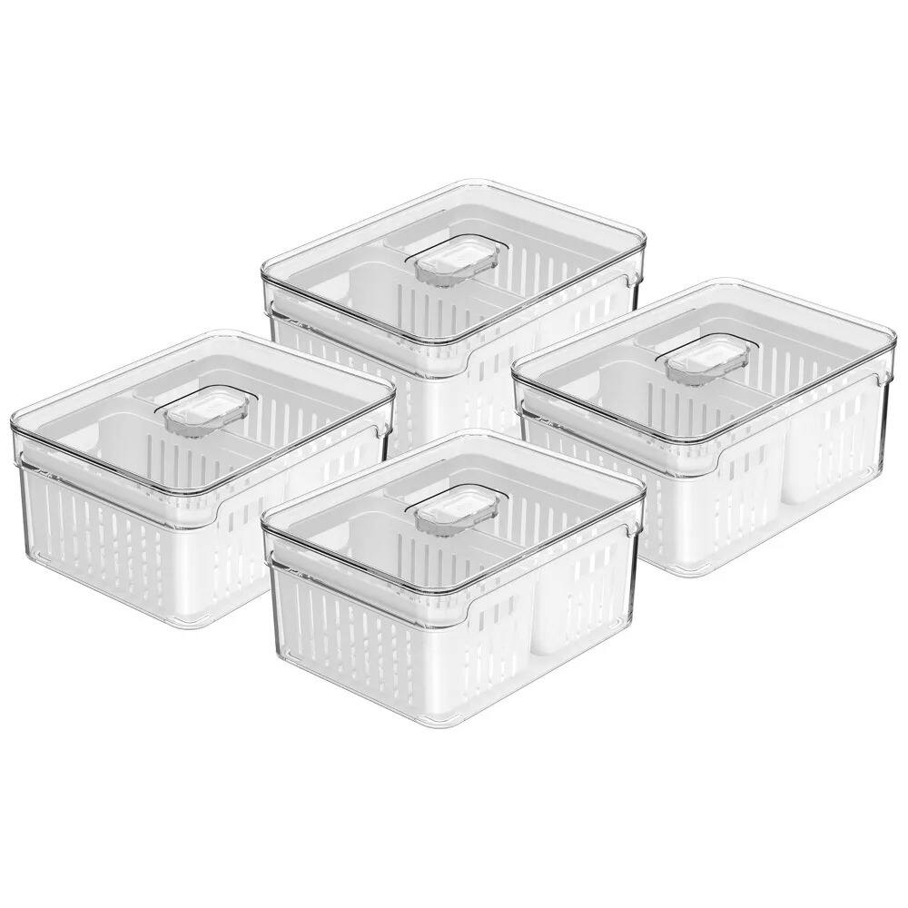 Alt View 9. OU - OU Clear Fridge Organizer Set, 4 Pack Stackable Produce Bins w Dual Removable Basket Drainer, 74.3oz - Clear.