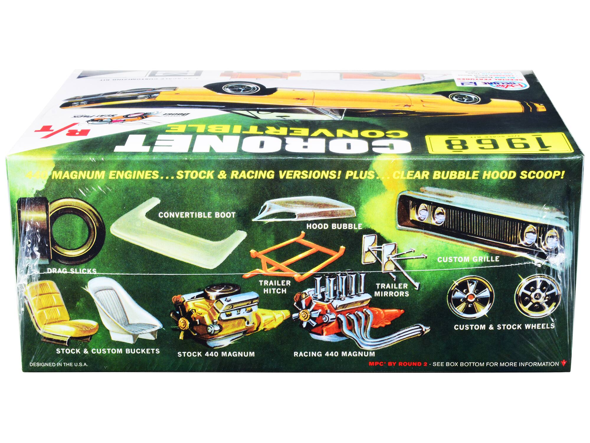 CORNET 1968  
440 MAGNUM ENGINES... STOCK & RACING VERSIONS! PLUS... CLEAR BUBBLE HOOD SCOOP!  
CONVERTIBLE BOOT  
HOOD BUBBLE  
DRAG SLICKS  
TRAILER HITCH  
TRAILER MIRRORS  
STOCK & CUSTOM BUCKETS  
STOCK 440 MAGNUM  
RACING 440 MAGNUM  
CUSTOM GRILLE  
CUSTOM & STOCK WHEELS  
DESIGNED IN THE U.S.A.  
MPC BY ROUND 2  
SEE BOX BOTTOM FOR MORE INFORMATION