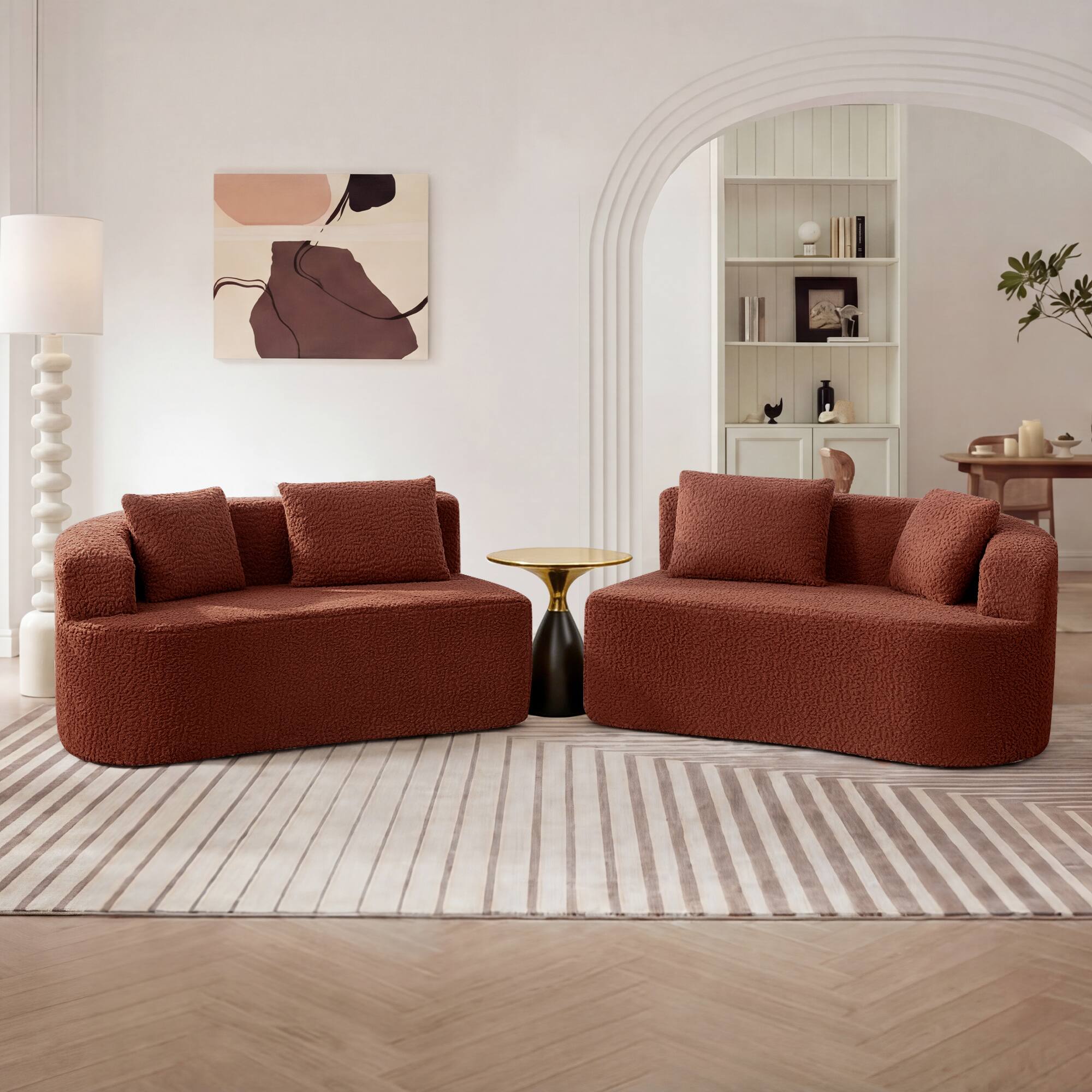 Alt View 4. KERDOM - 112" Corduroy Curved Sectionals Sofa with 4 Pillows, Teddy Plush Floor Couch for Living Room and Apartment, No Install - Red.