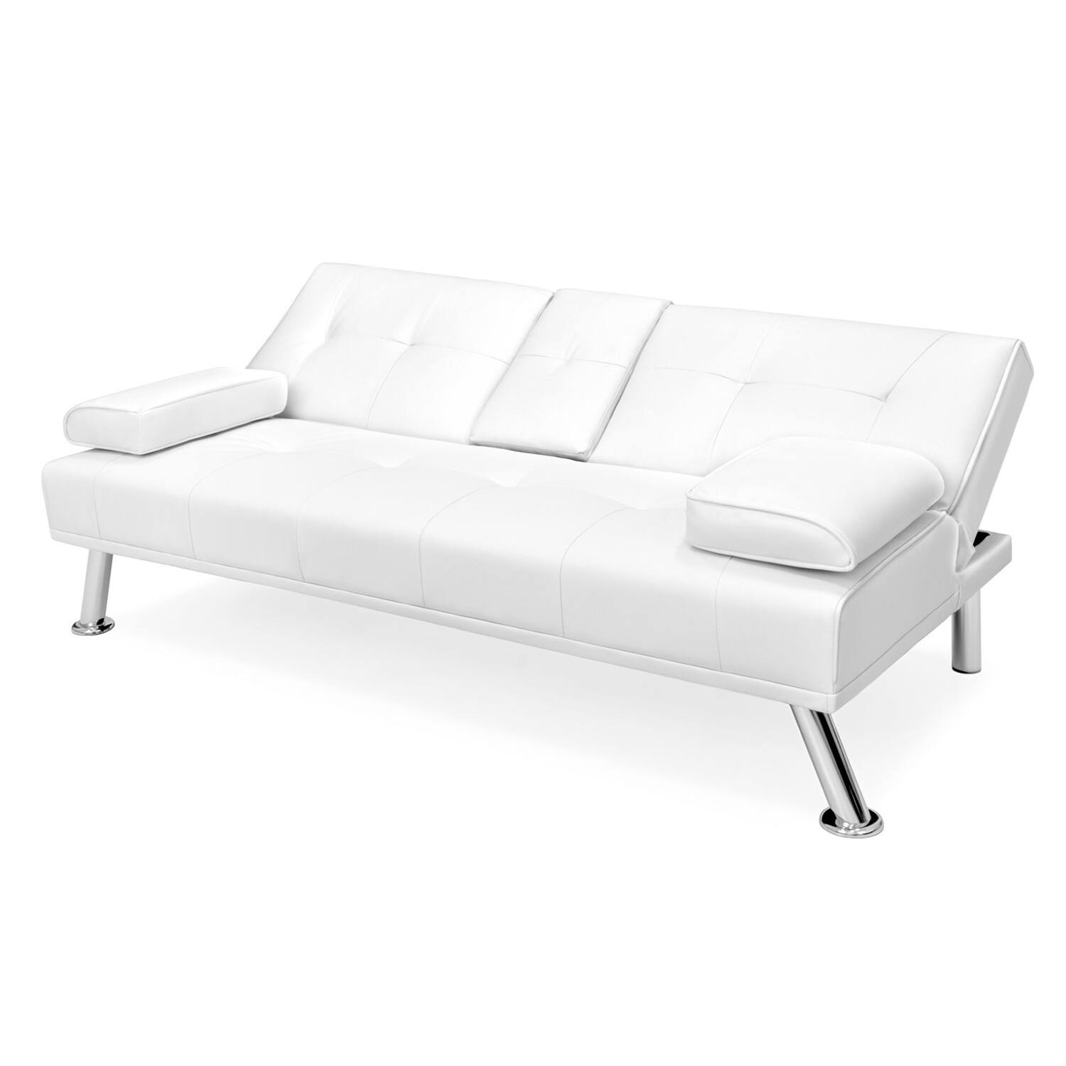 Back. Hivvago - White Faux Leather Convertible Sofa Futon with 2 Cup Holders - white.