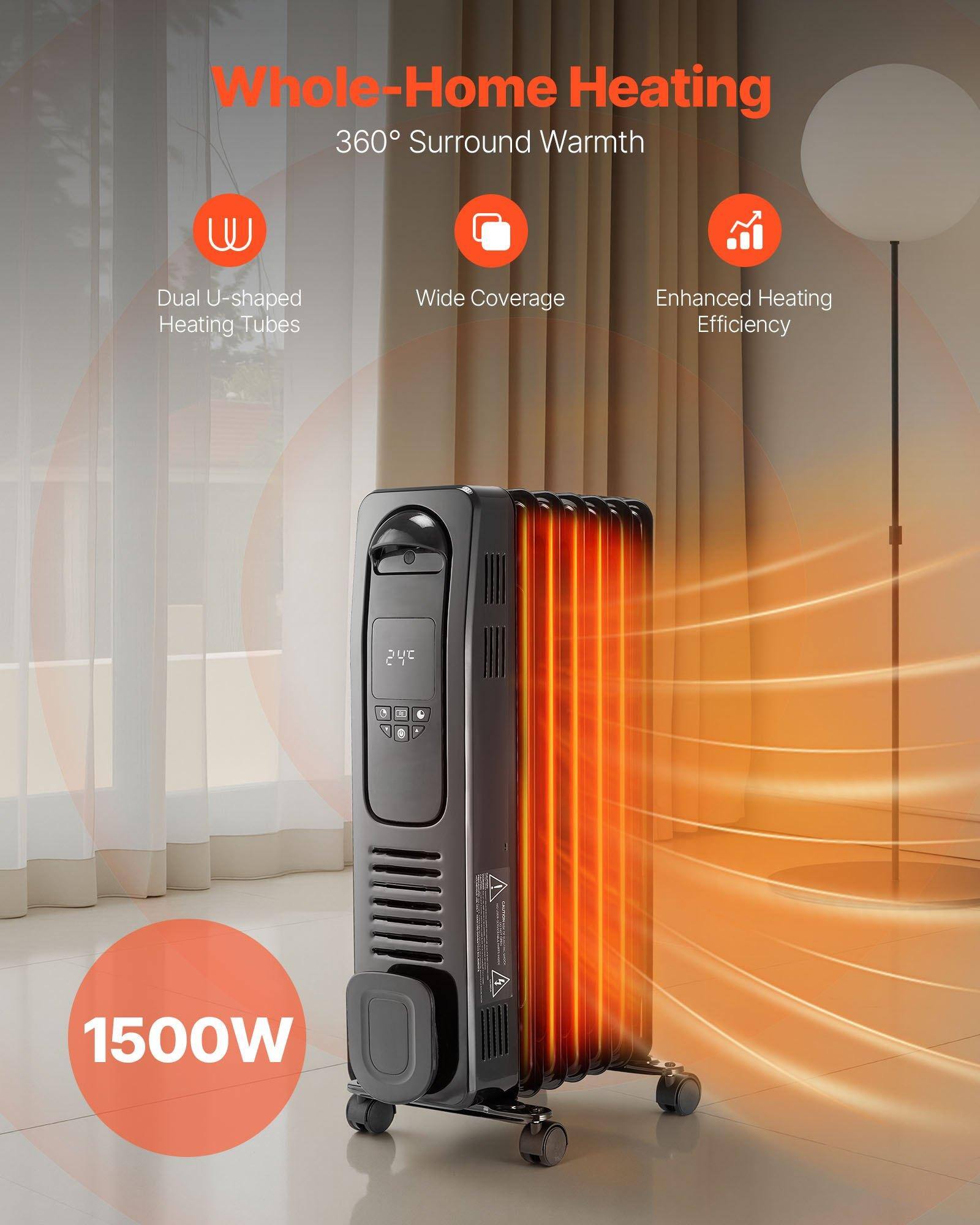 Whole-Home Heating  
360° Surround Warmth  

- Dual U-shaped Heating Tubes  
- Wide Coverage  
- Enhanced Heating Efficiency  

1500W  

24°C