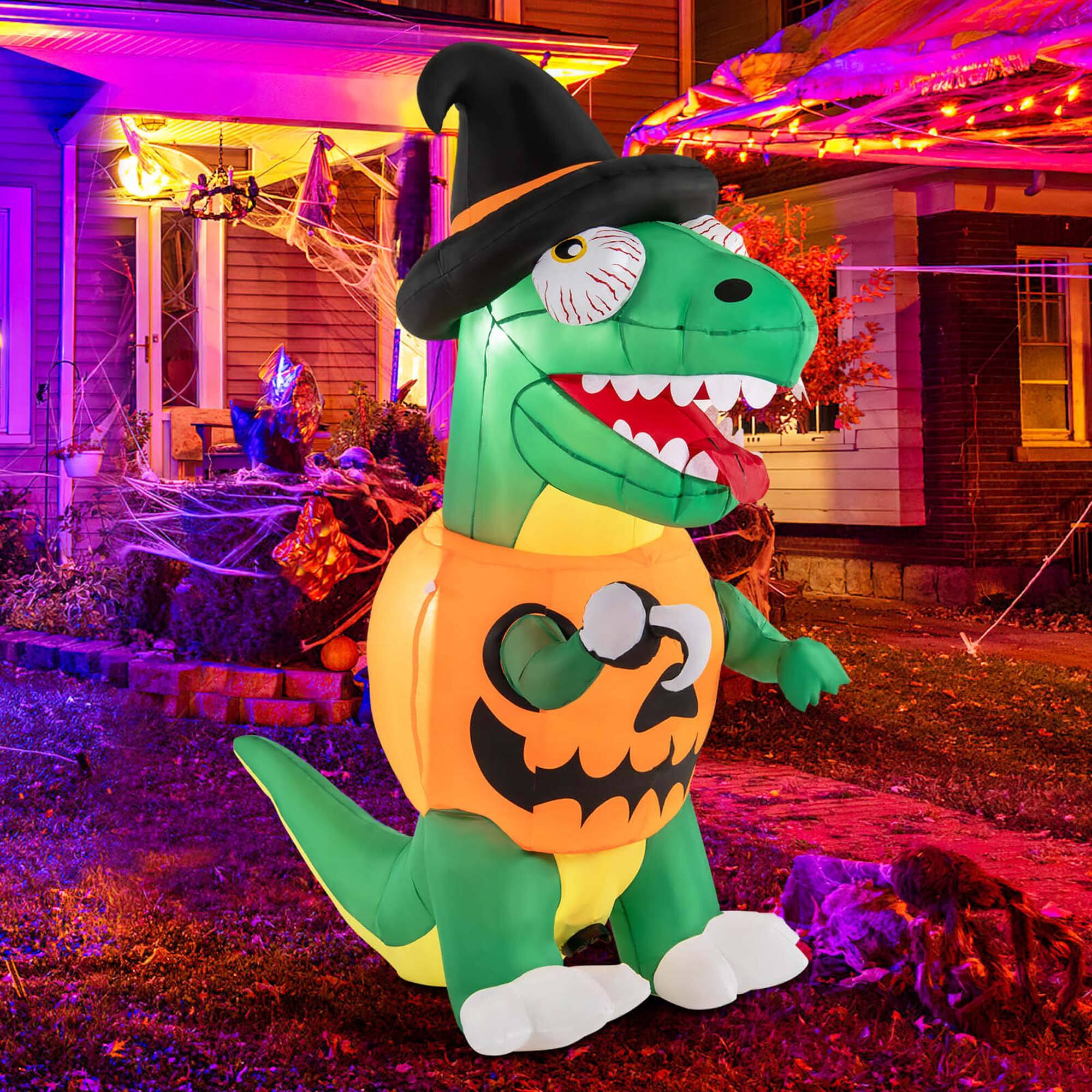 Alt View 3. Costway - Costway 6 FT Inflatable Pumpkin Dinosaur with Built-in LED Lights & Witch Hat Stakes - Green.