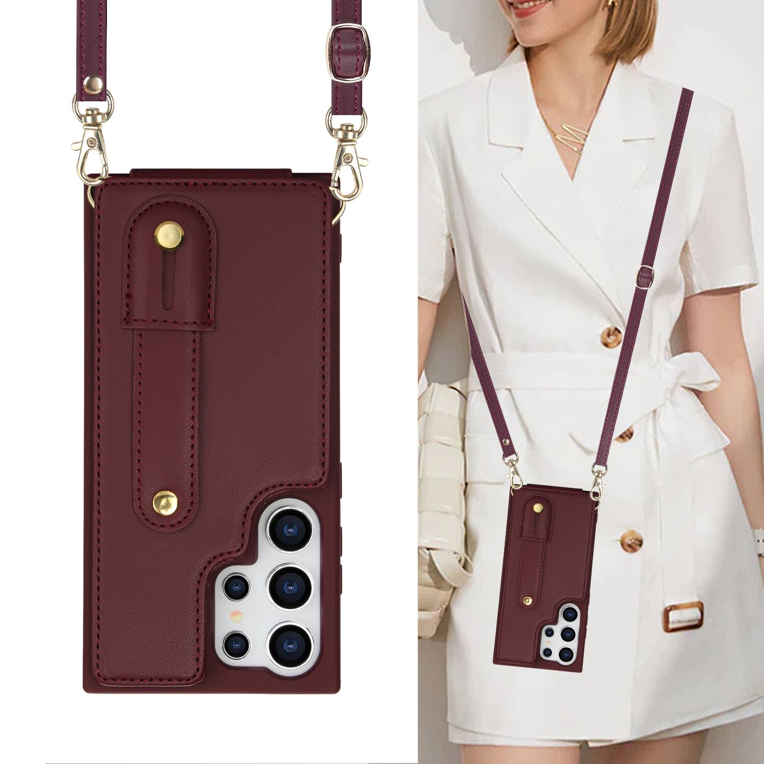 Left. Dteck - Crossbody Wallet Case for Samsung Galaxy S25 Ultra,Shockproof Protective Cover with Wrist Strap and Kickstand - Winered.