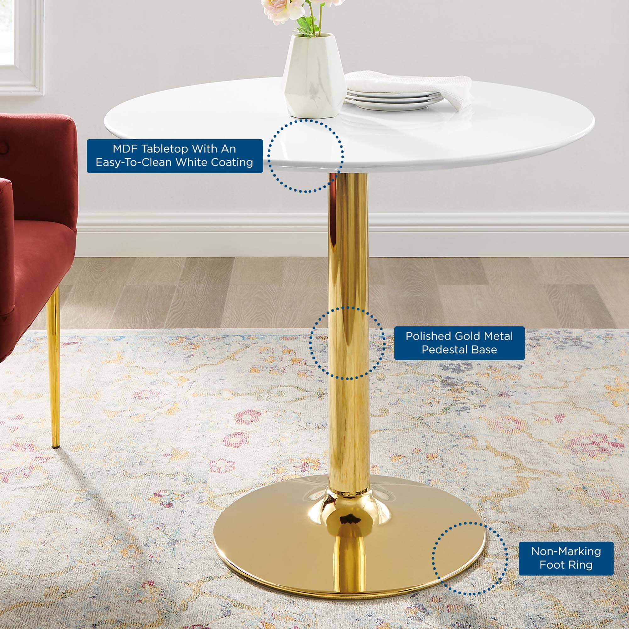 - MDF Tabletop With An Easy-To-Clean White Coating
- Polished Gold Metal Pedestal Base
- Non-Marking Foot Ring
