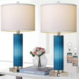 Pawtners - 26" Art Deco Table Lamps Set of 2, Blue Glass Bedside Lamps with Dual USB Charging Ports (LED Bulb Included)